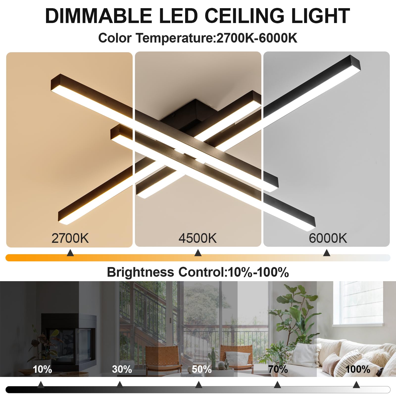 JAYMP Modern Ceiling Light, 43.3" Black Sputnik Lamp, 64W Dimmable LED, 4 Lights, Ideal for Dining Room, Living Room, Kitchen