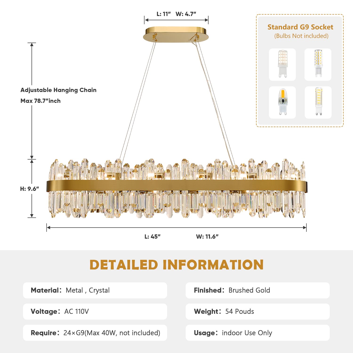 LIZZTREE Gold Crystal Chandelier, 24-Lights Modern Pendant Light, L45.3'' Rectangle, Ideal for Dining Room & Kitchen, Model LIZZ-8019-L1150GD