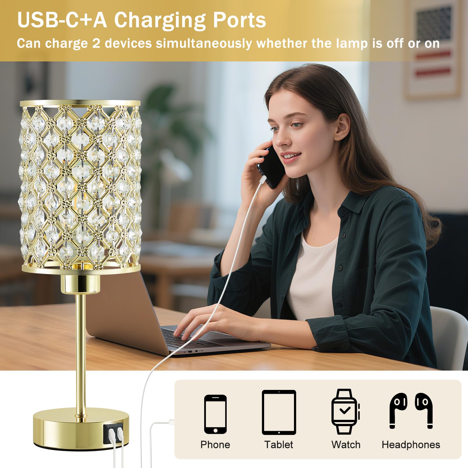 Crystal Table Lamps Set Of 2, Gold Touch Lamp For Nightstand With Usb C+A Ports, 3 Way Dimmable Small Bedside Lamp With Crystal