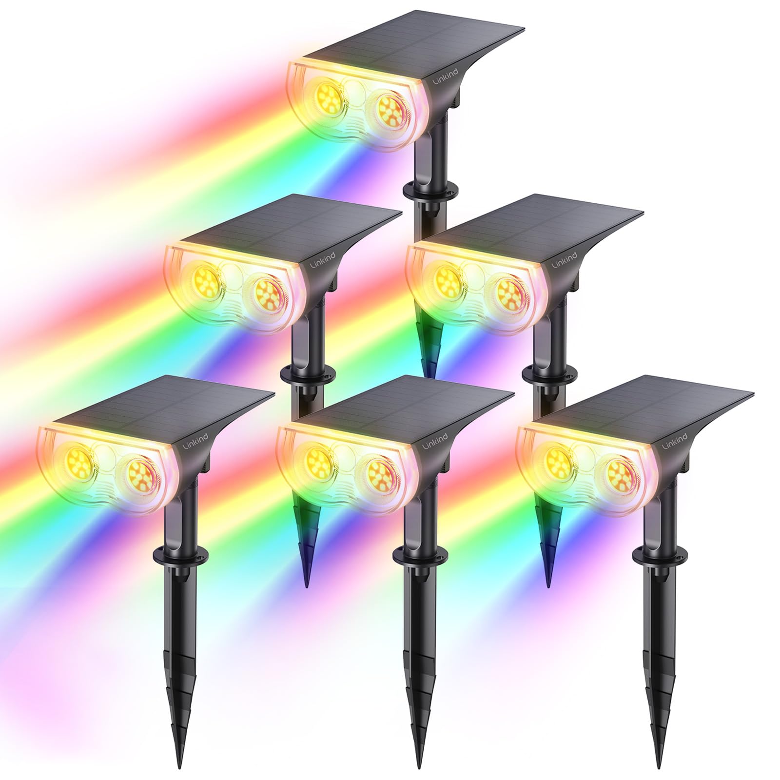 Linkind Solar Spot Lights - Multicolor, Ip67 Waterproof, 16 Leds, 6 Pack, Model Ls3700150 For Outdoor Pathway, Patio, And Fence Decorations