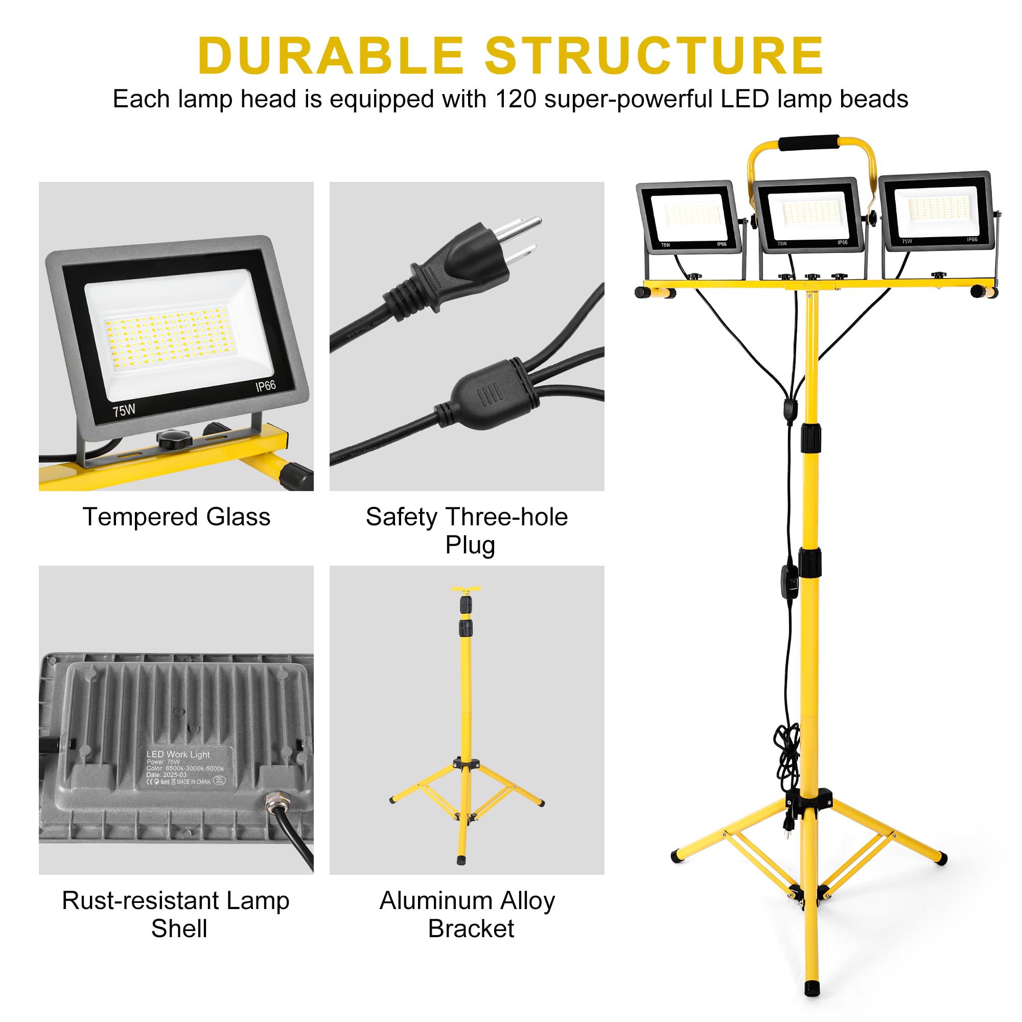 Aiptertet 3-in-1 Color Work Lights, 22500Lm LED with Adjustable Tripod, Waterproof, 3000-6500K Color Temperature, 3-Color Model