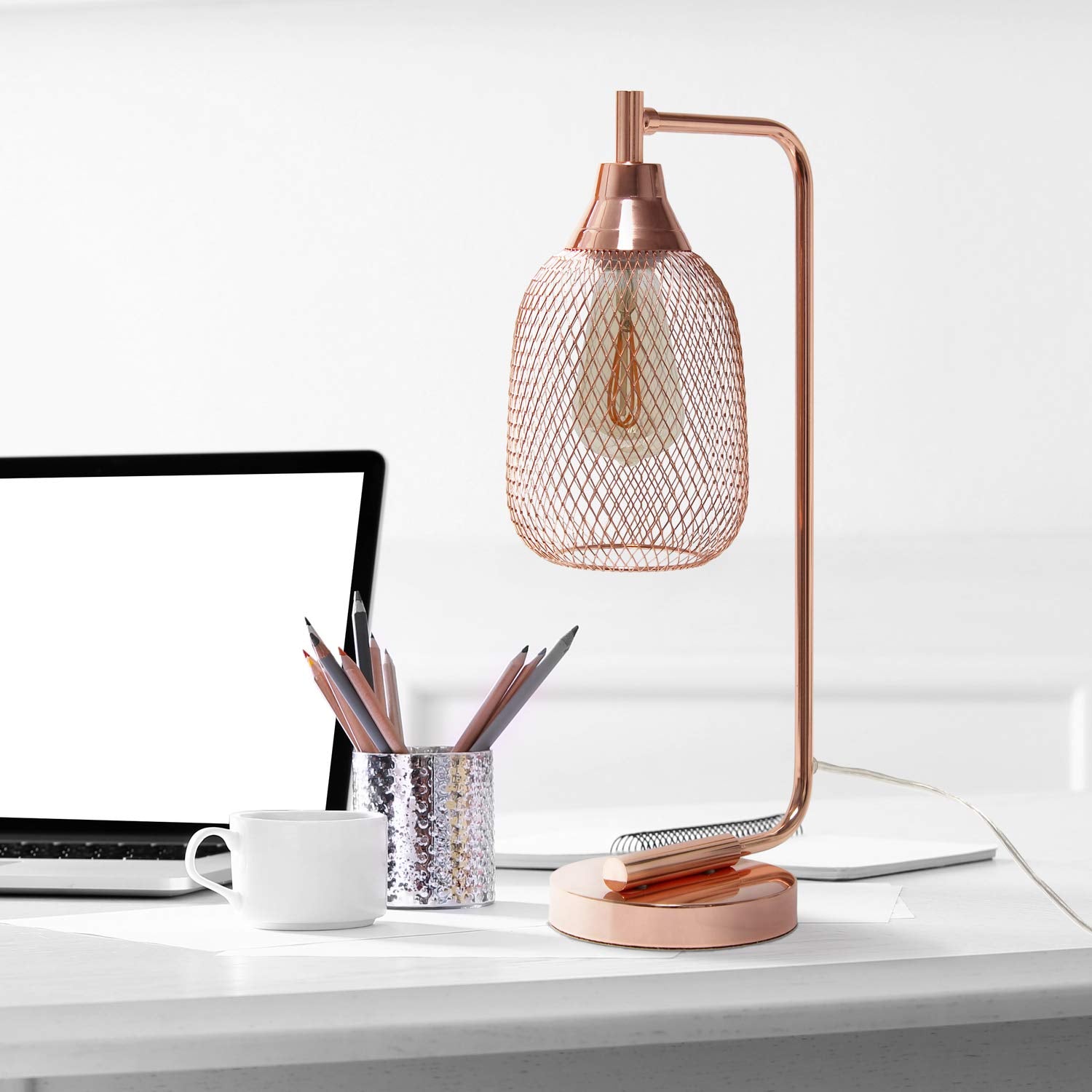 LALIA HOME Industrial Office Desk Lamp, Metal, Rose Gold, Wired Mesh Shade, Model LHD-2000-RG