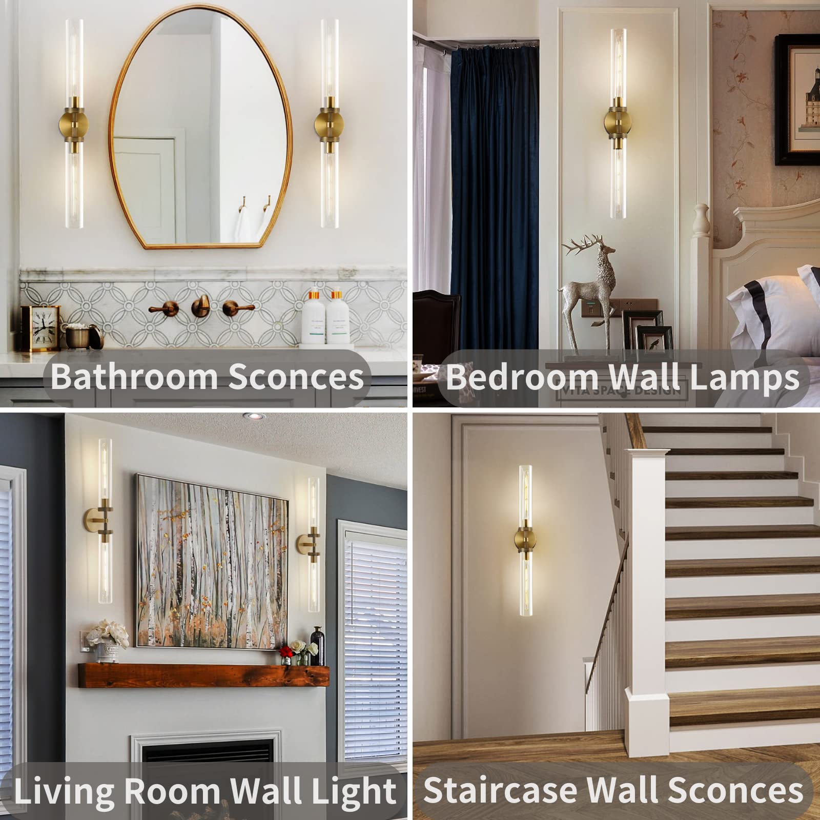ZHTIECHUI Brass Gold 2-Light Wall Sconces, 30in Double Glass Bathroom Vanity Light, Model Gold-sconces