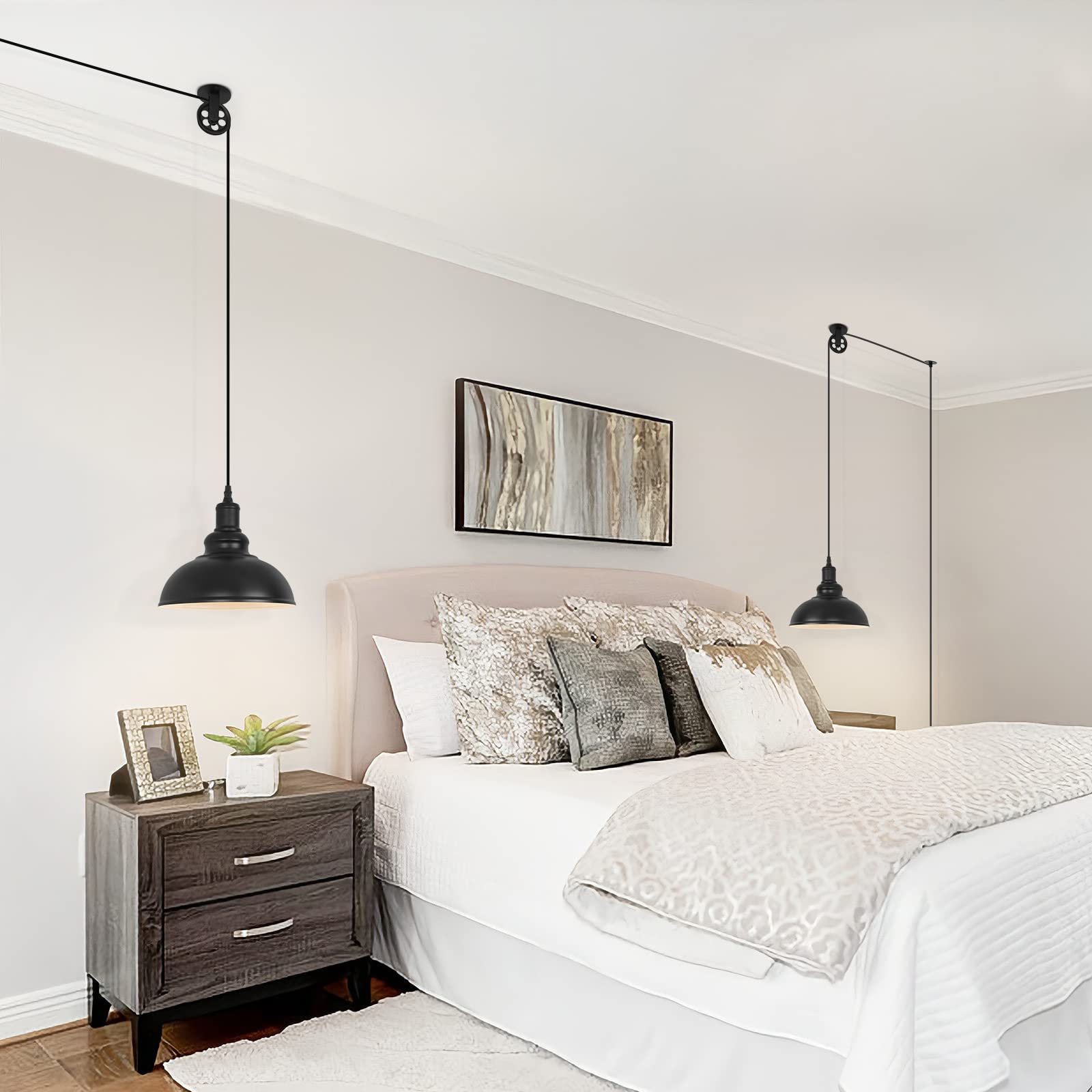 Kighsin Industrial Black Plug In Pulley Pendant Light With 19.5Ft Cord On/Off Switch, Modern Barn Domed Hanging Lamp Ceiling Lig