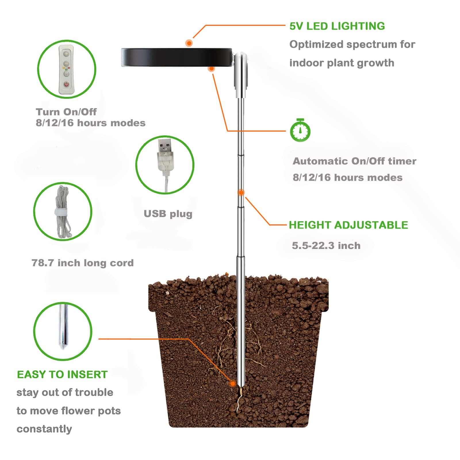 Yadoker Plant Grow Light, Led Growing Light Full Spectrum For Indoor Plants,Height Adjustable, Automatic Timer, 5V Low Safe Voltage,Idea For Small Plant