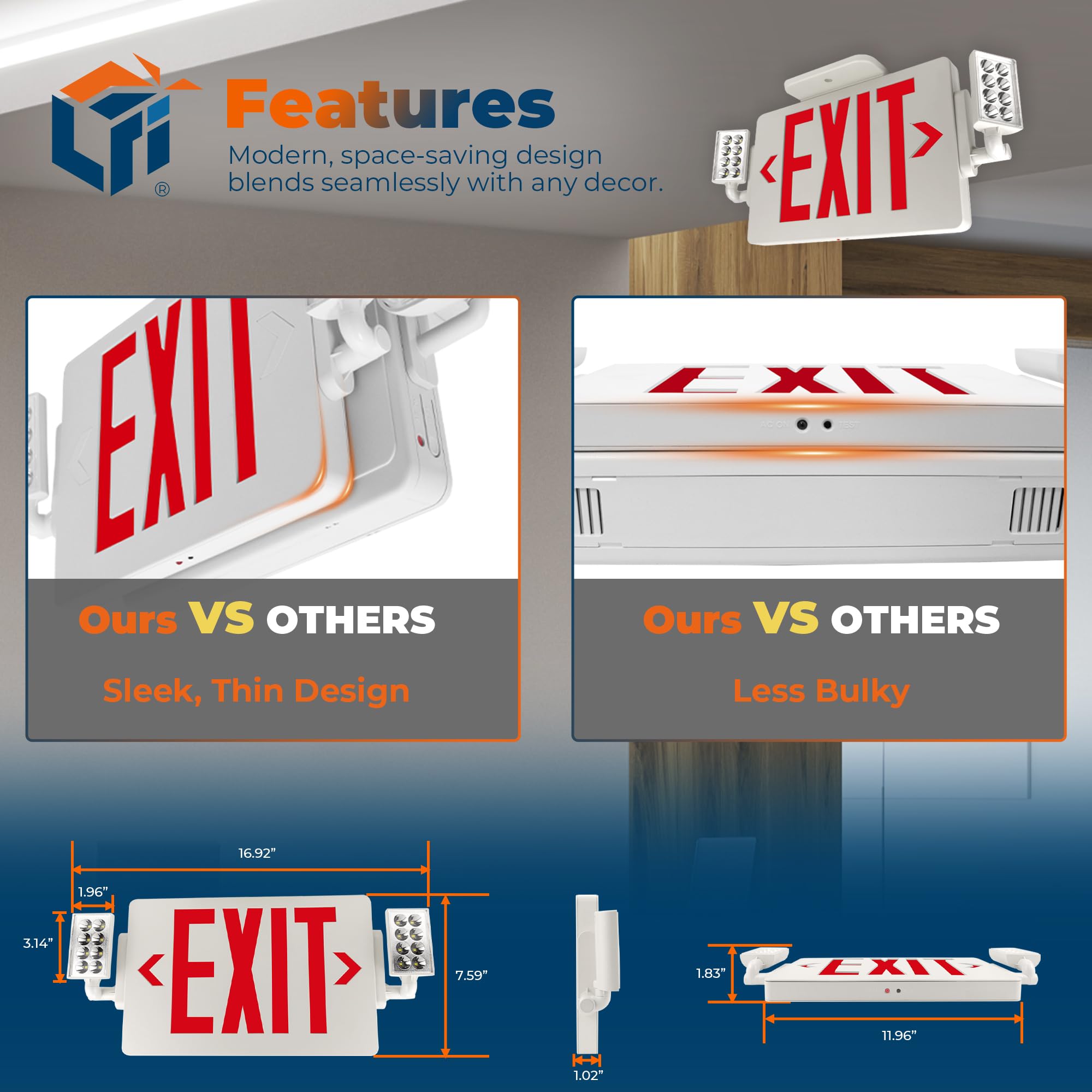 Lfi Lights | Thin Combo Red Exit Sign With Emergency Lights | White Housing | All Led | Two Adjustable Heads | Hardwired With Battery Backup | Ul Listed | (1 Pack) | Combot-R