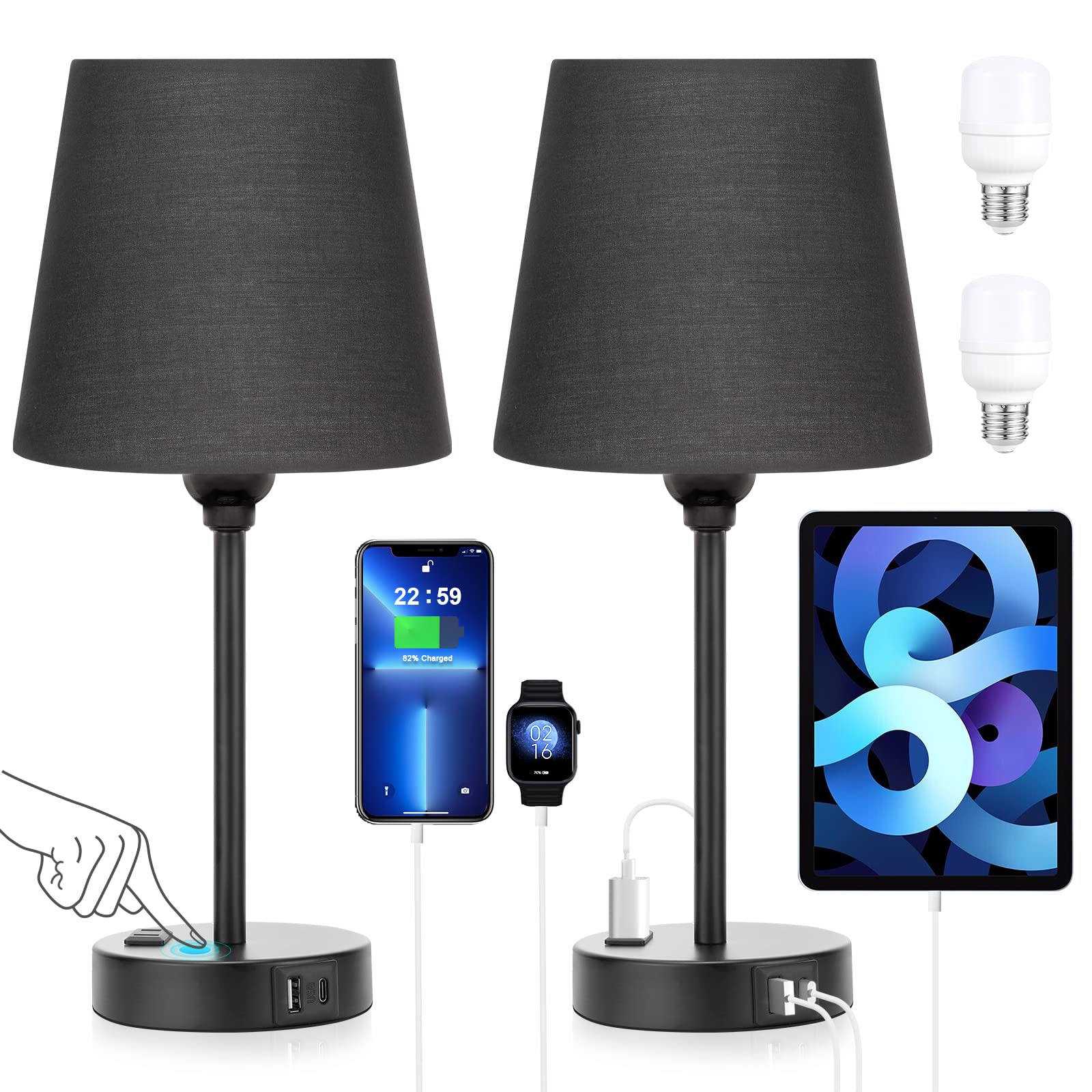 Acaxin Black Lamp Set of 2 - 3 Way Dimmable Touch Control Nightstand Lamp with USB C Port and AC Outlet for Bedroom