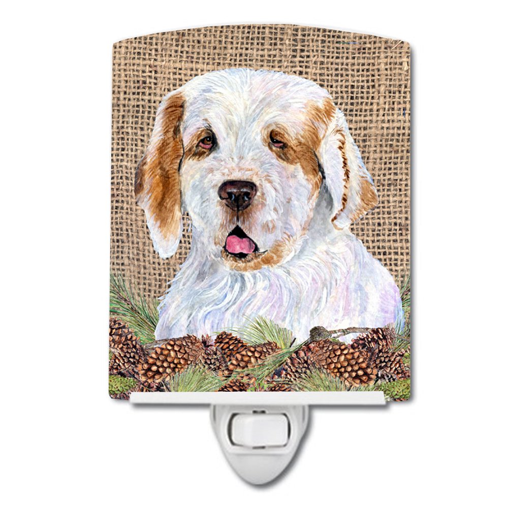 Caroline'S Treasures Ss4089Cnl Clumber Spaniel On Faux Burlap With Pine Cones Ceramic Night Light Compact, Ul-Certified, Ideal For Bedroom, Bathroom, Nursery, Hallway, Kitchen, 6X4X3, Multicolor