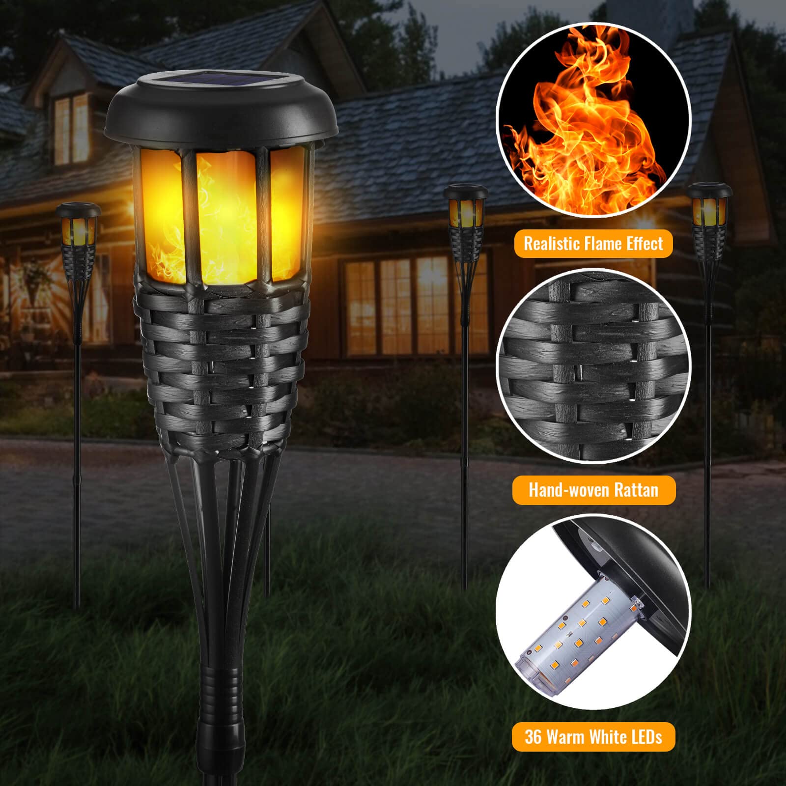Solar Torch Light With Flickering Flame, 4 Pack Waterproof Bamboo Torches Hand-Woven Rattan Solar Tiki Torches For Outside Patio