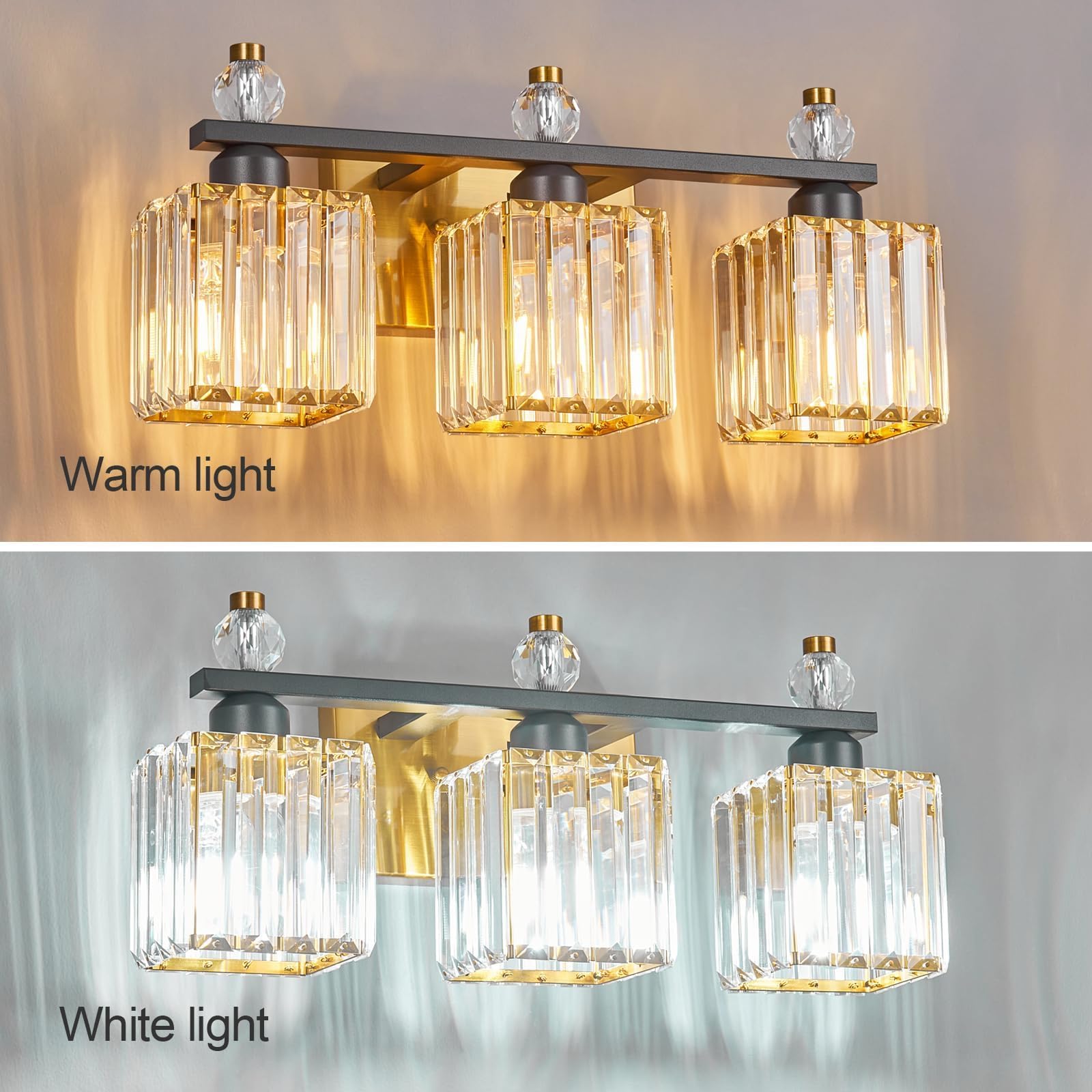Fdpby 3-Light Modern Crystal Vanity Light - Black Gold Bathroom Light Fixtures Over Mirror