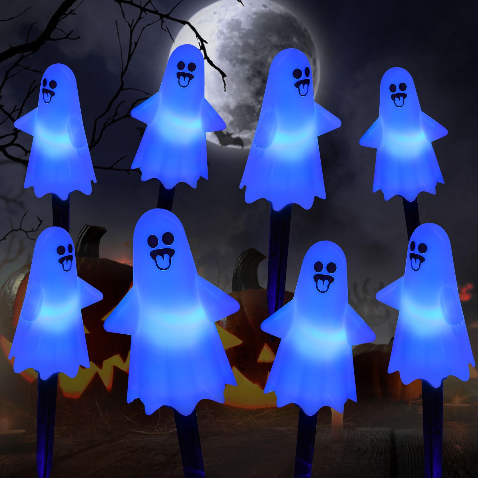 8Pcs Ghost Halloween Decor Pathway Lights Outdoor  Solar Powered Ghost Stake Lights With 8 Lighting Modes  Waterproof Halloween Decorations For Garden/Yard/Patio
