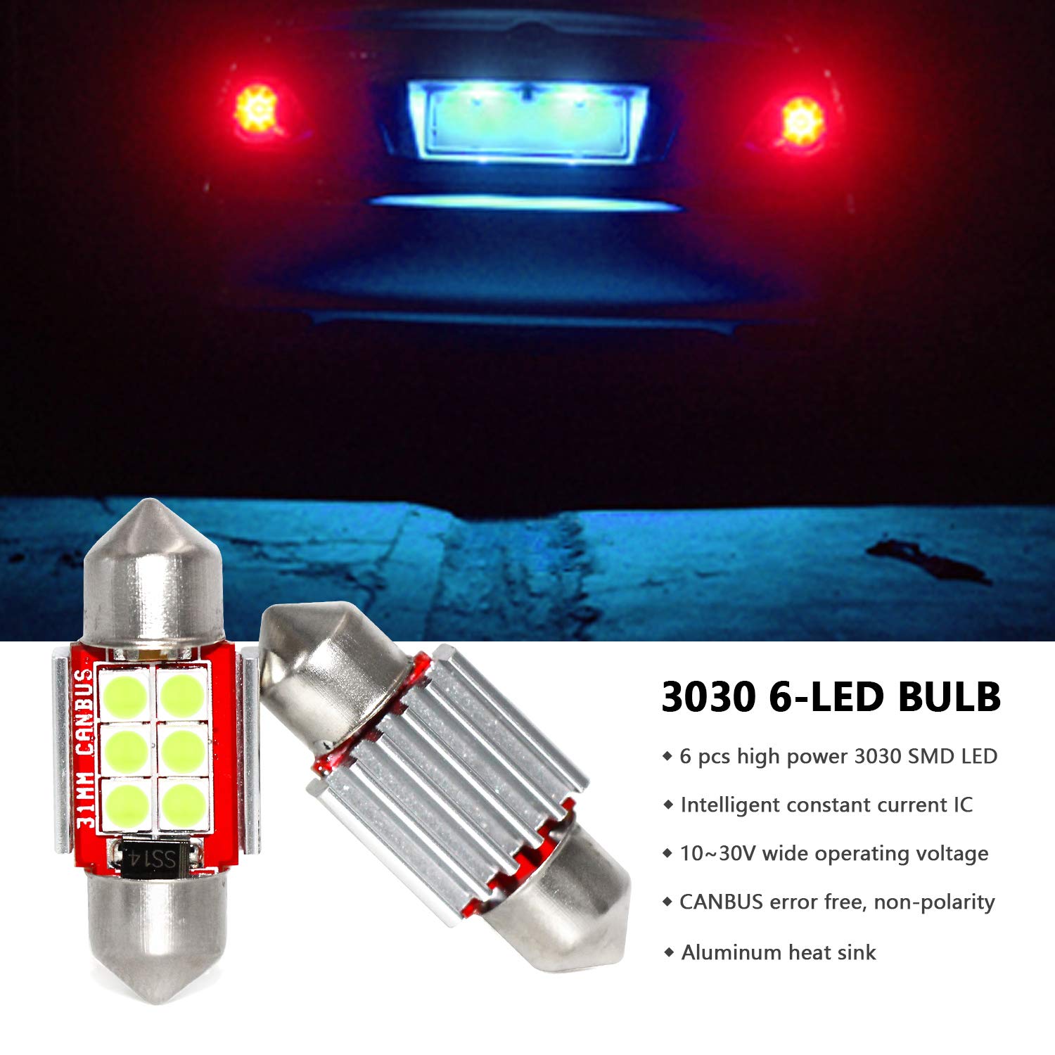 Phinlion De3175 Ice Blue Led Light Bulbs, Super Bright 3030 6-Smd Festoon 31Mm De3021 De3022 Miniature 12V Led Bulb For Car Inte