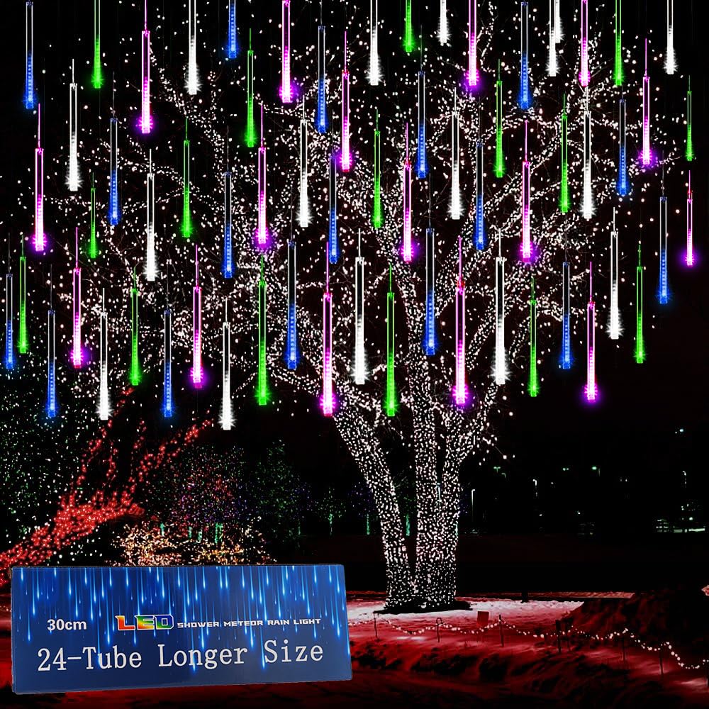Kwaiffeo Icicle Lights Outdoor, 24 Tubes(Equivalent to Pack of 3 8-Tube) Meteor Shower Lights for Xmas Halloween Decorations Yard Party Tree, Multi Color(Purple Blue Green White)