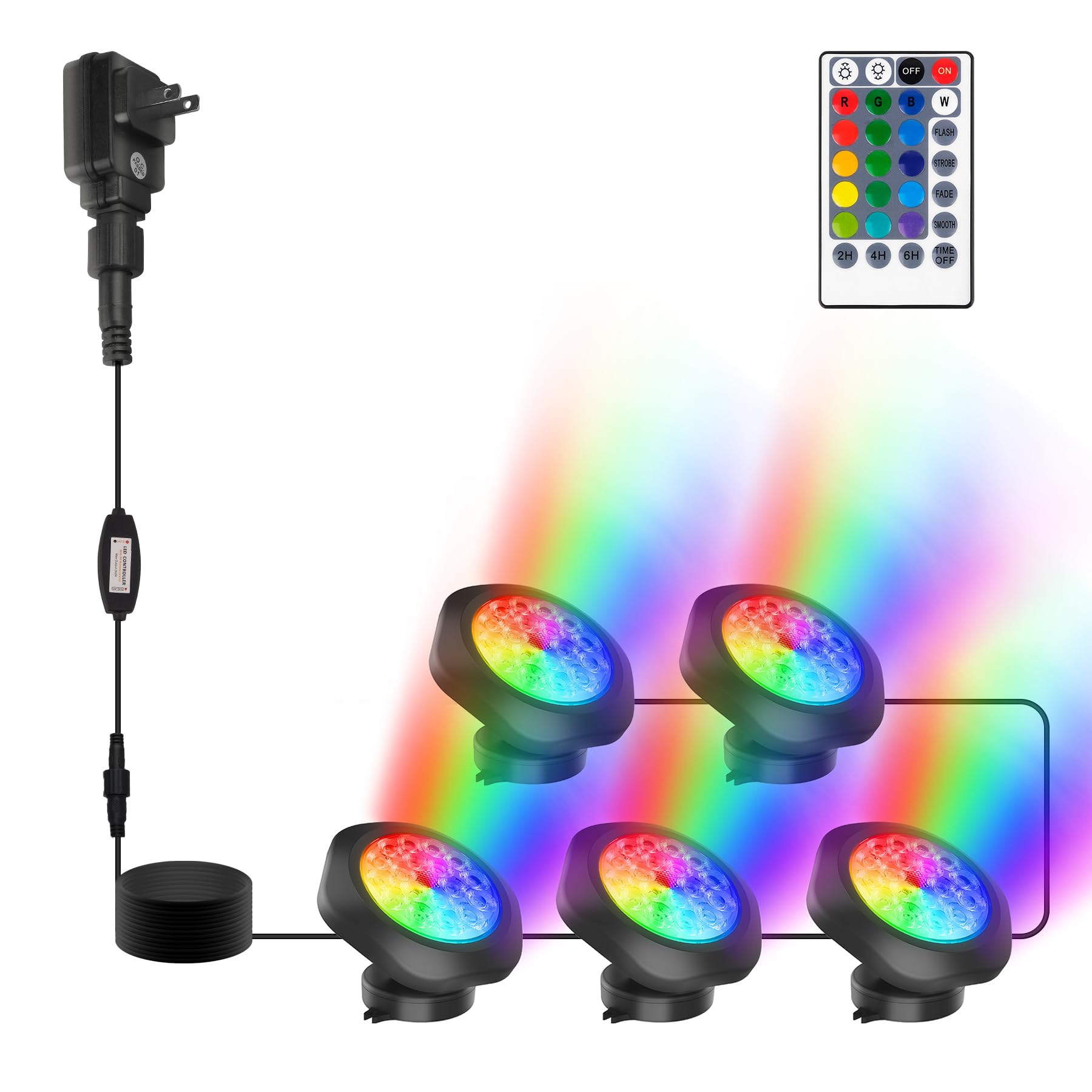 CREPOW RGBW Pond Lights, 18 LED Color Changing Waterproof Spotlights, IP68, Remote Control, Set of 5, Multicolor-5 Lights