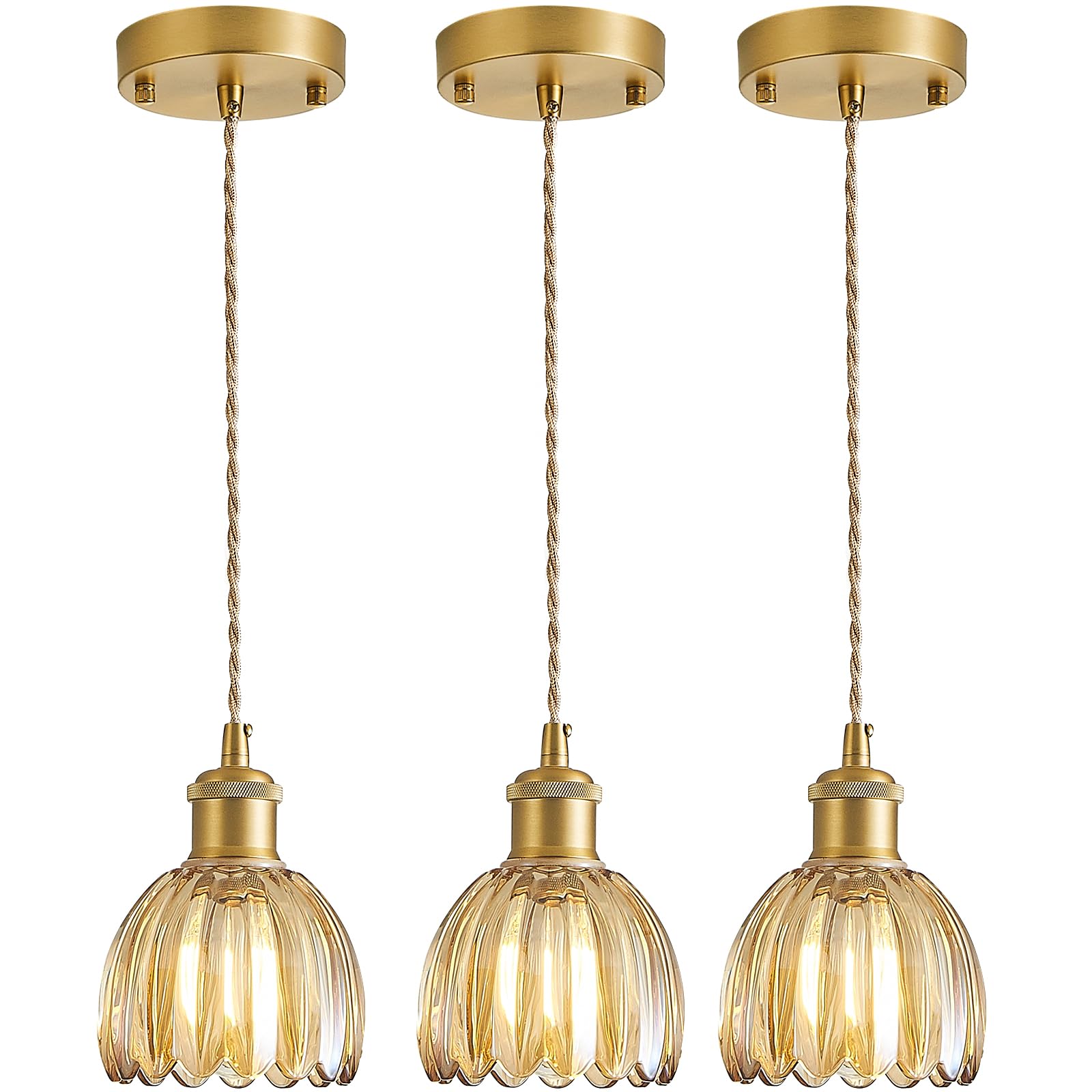 DIKAIDA Pendant Lights for Kitchen Island, Vintage Pendant Light Fixture with Amber Tulip Glass Shade, Adjustable Hanging Light 