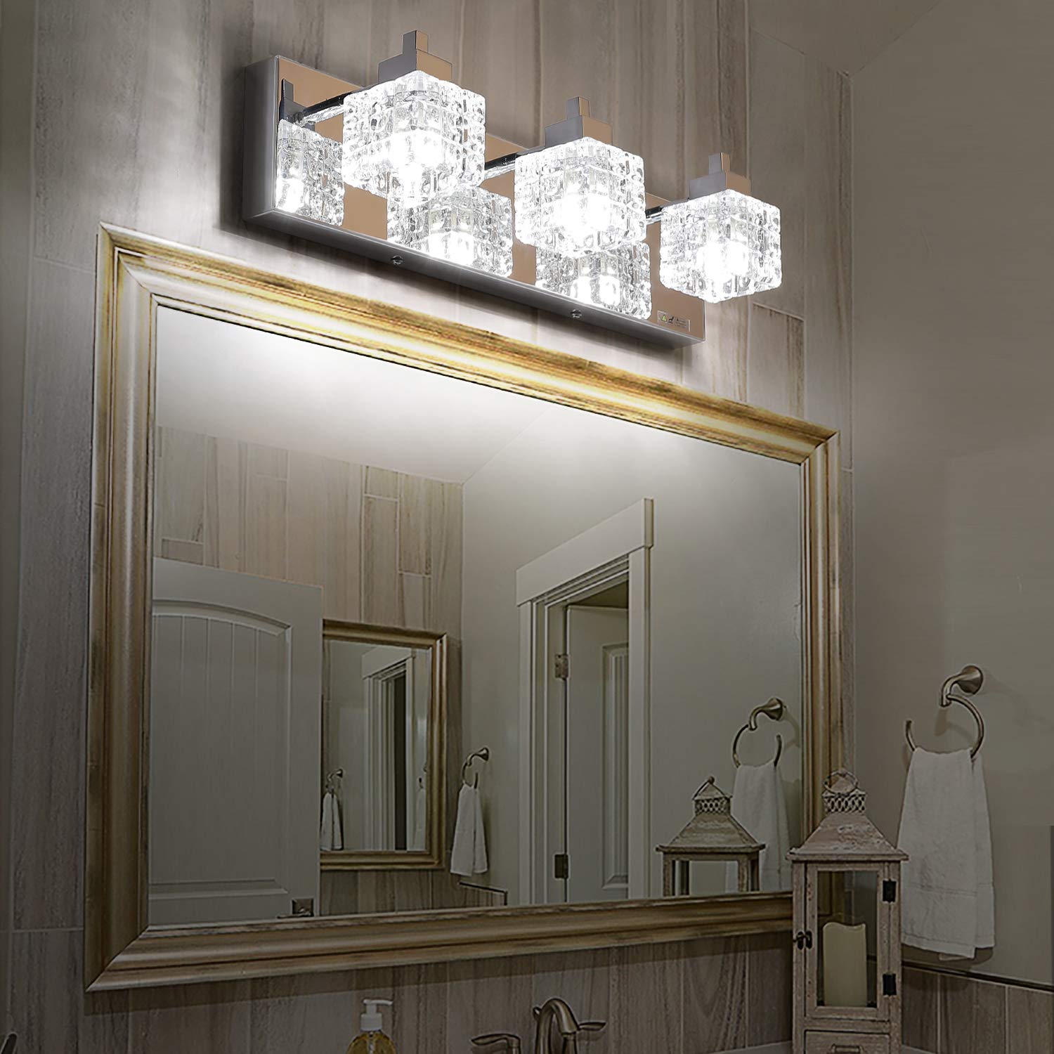 TRLIFE Bathroom Vanity Light Fixture, Modern 3-Light Crystal Design, 19 Inches, Silver, Stainless Steel, Model Crystal-TS-3T