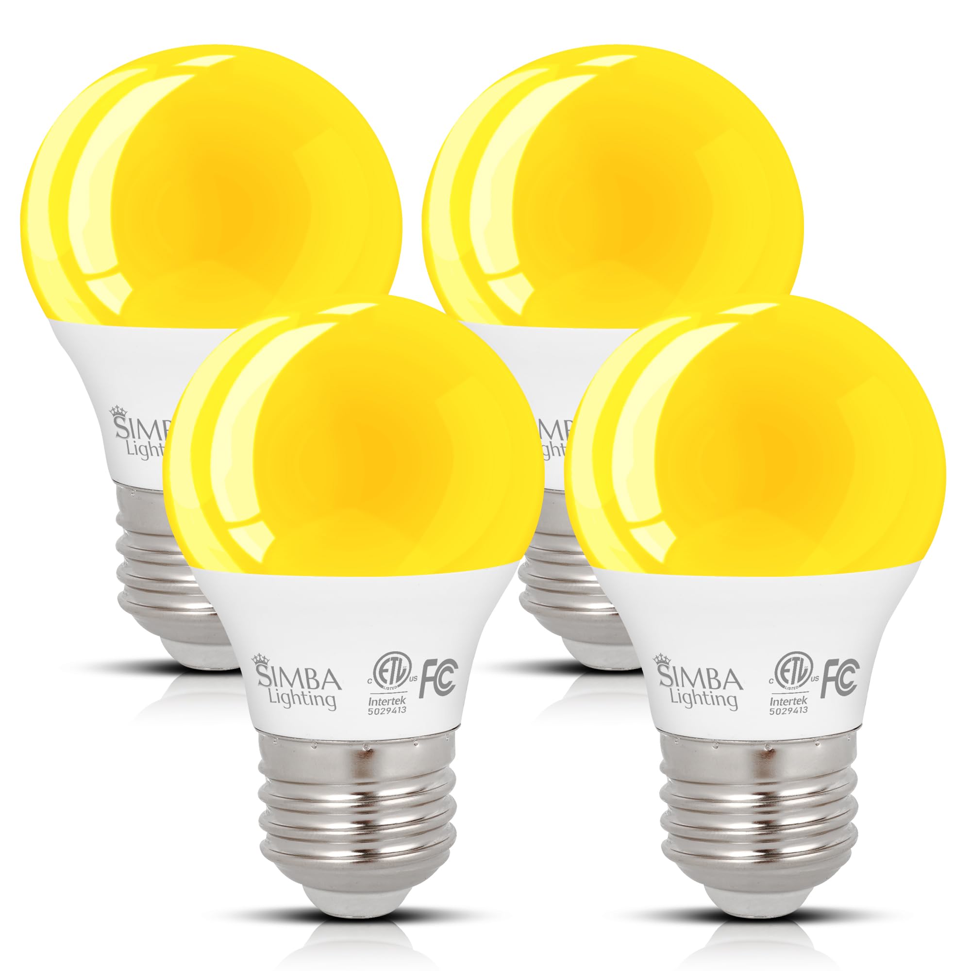 Simba Lighting Led Bug Non-Attracting Yellow Bulb Etl Listed 7W 60W Equivalent (4 Pack)  Great For Outdoor Porch Light  Patio  Security  Night Light  Amber Warm Light  Compact A15 Shape E26 Base