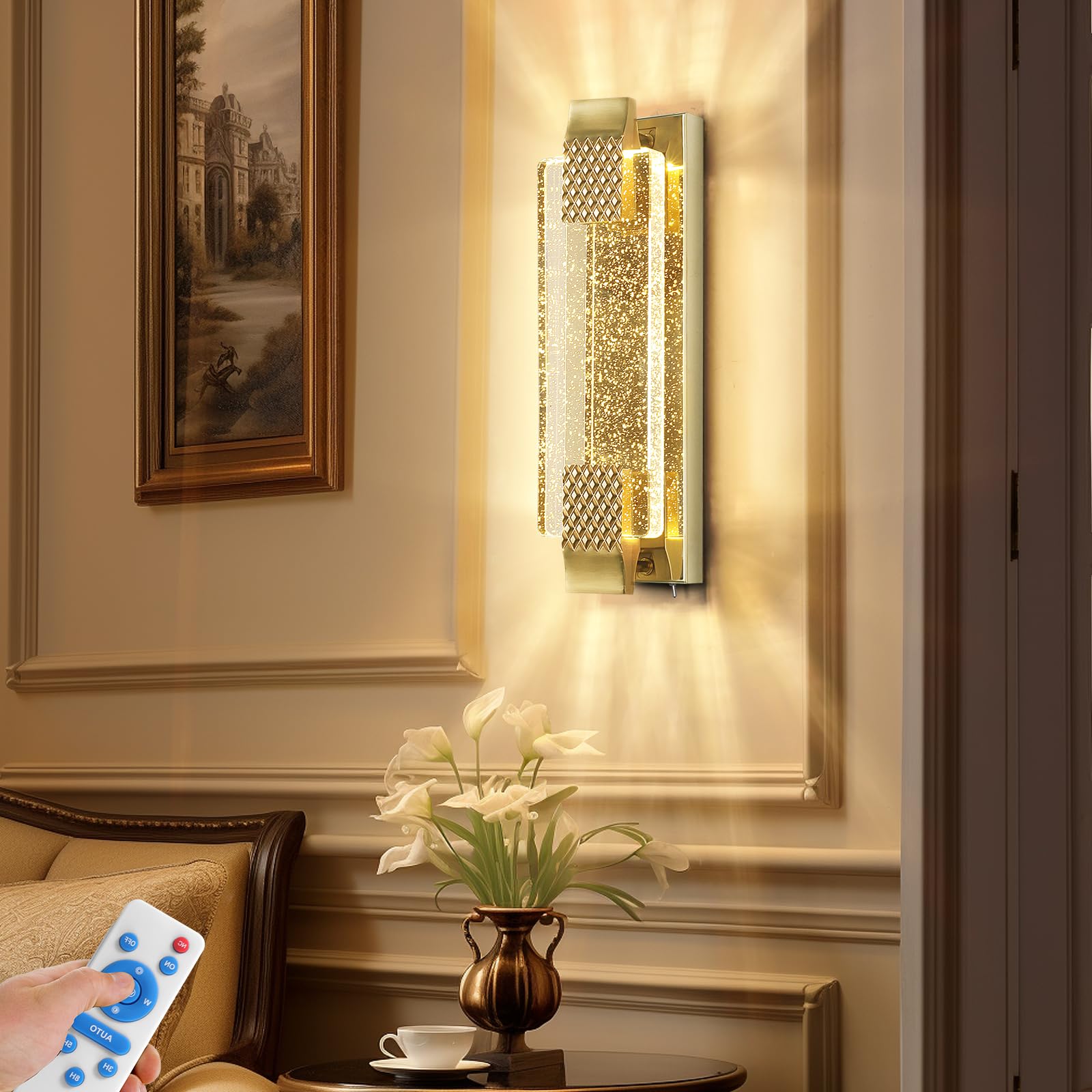 camuucci Rechargeable Battery Operated Wall Sconce, 15.2" Gold Glass Dimmable Light, Remote Control, Model SNCD, Indoor Use