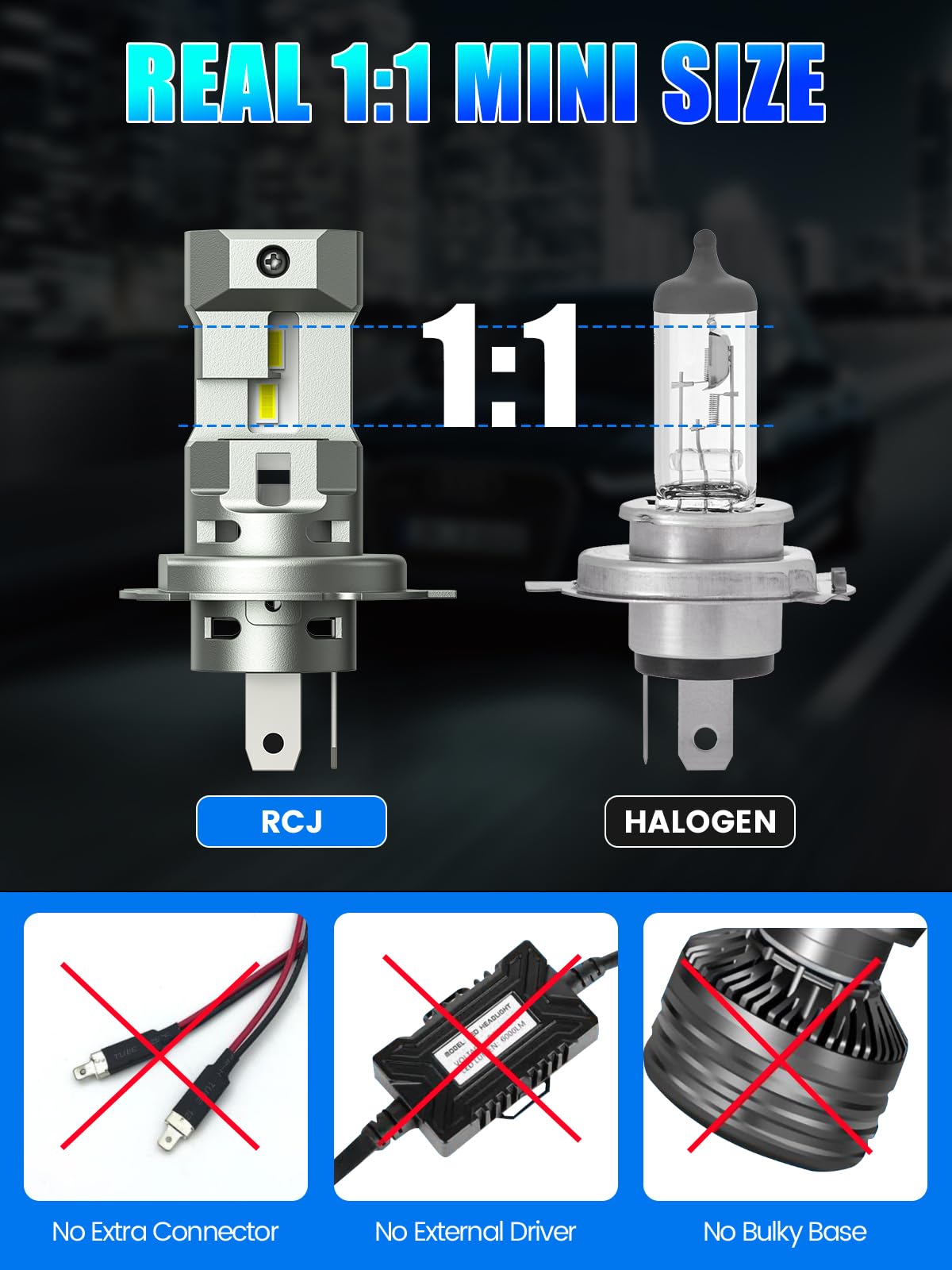 RCJ H4 LED Bulbs Hi/Low Beam 16000LM 6000K Cool White, Mini Size with Cooling Fan, Pack of 2
