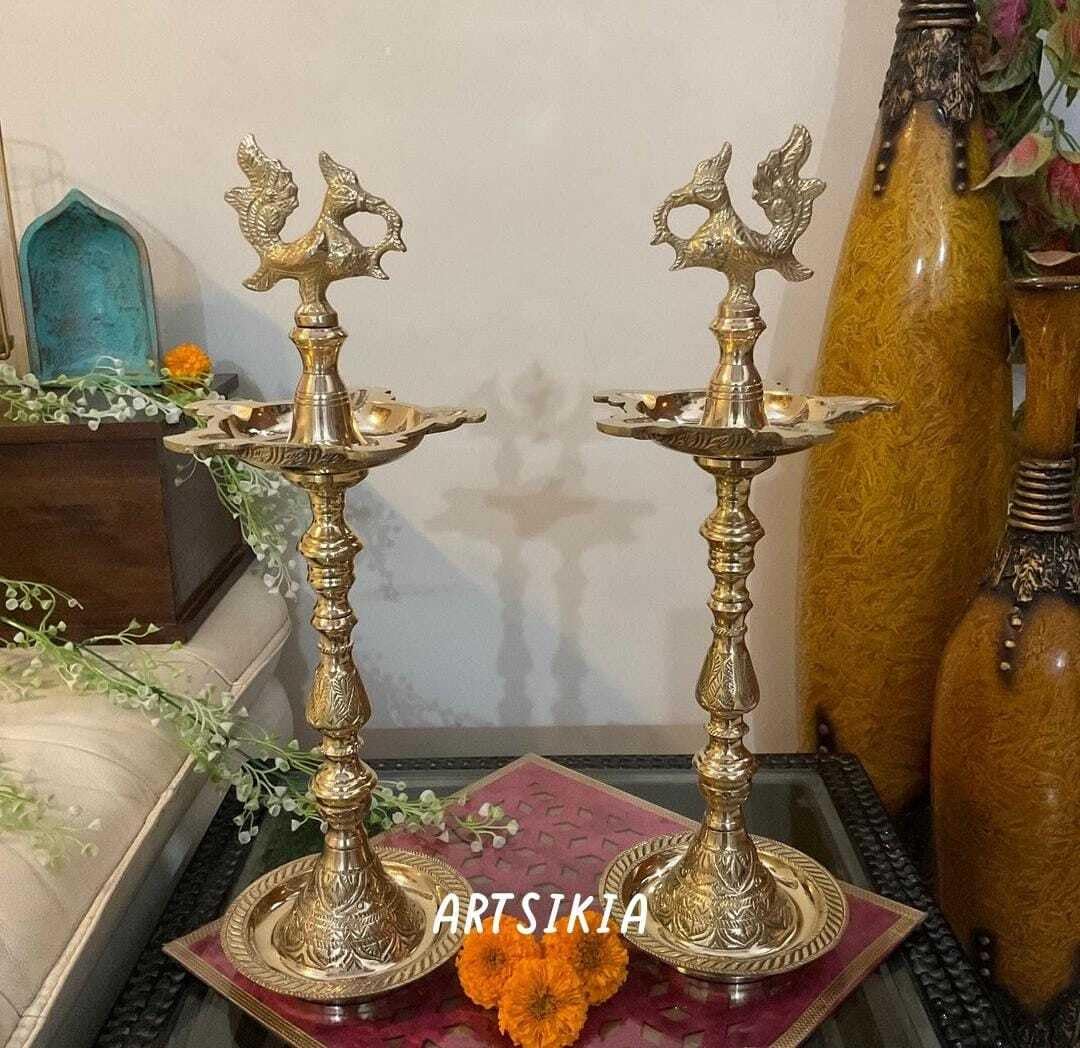 MVs Madh Ventures Brass Samai Diya Stand Set of 2 Traditional Peacock Design Puja Lamp for Home Temple Decor, Festive Gift, Weig