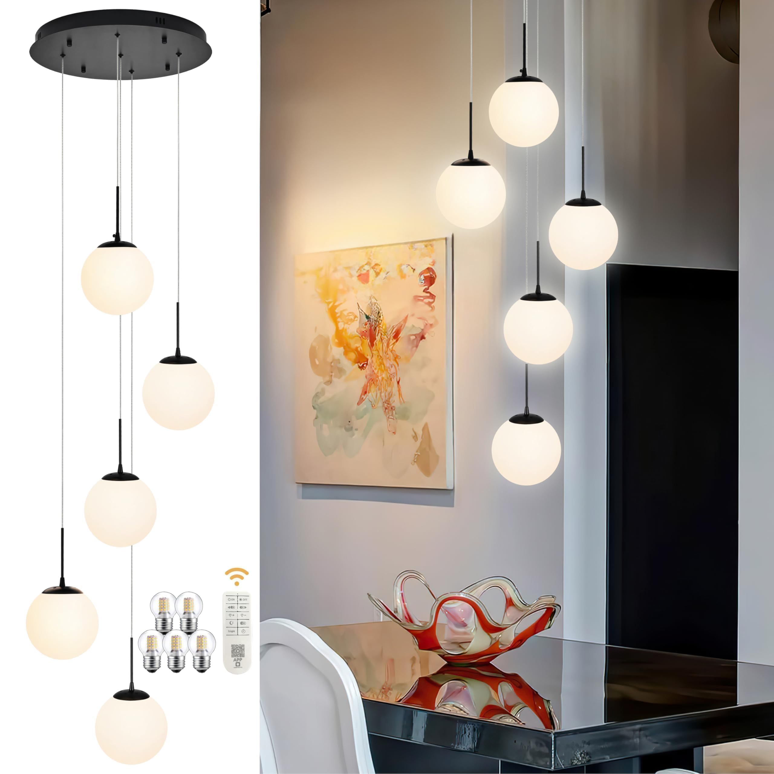 Koko&Yukina 5-Light Globe Glass Pendant Light Adjustable Length Pendant Lights Fixtures Modern Black Chandelier With Milky White