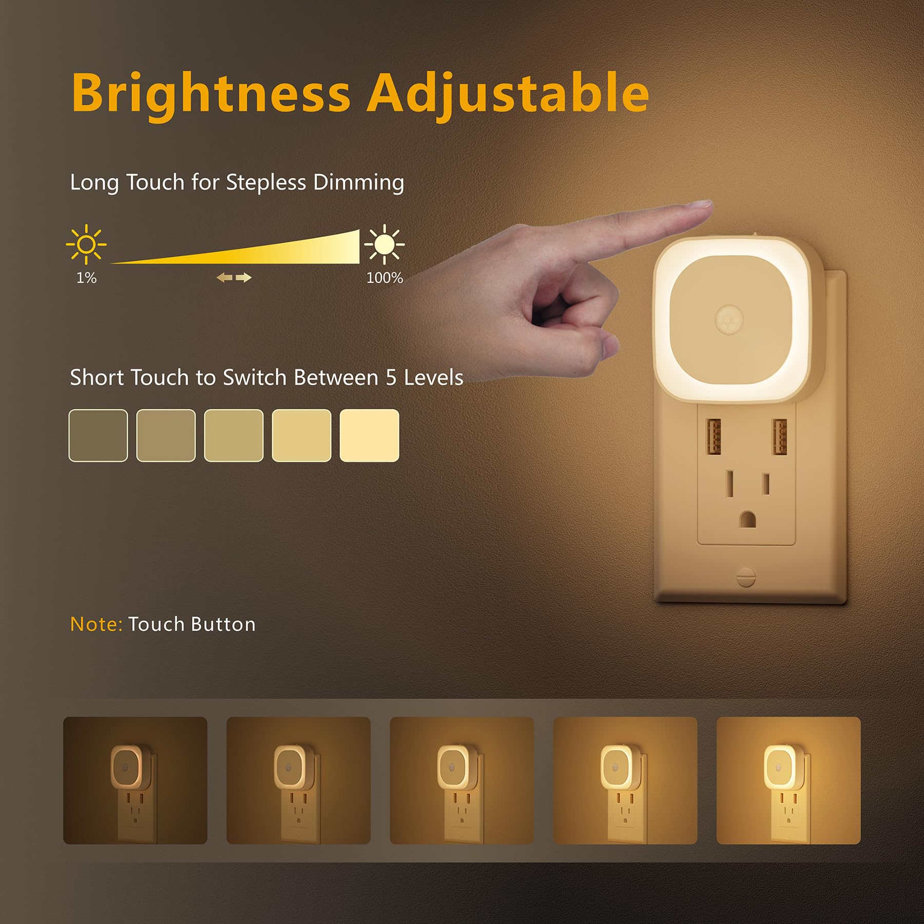 Yunlex 2 Pack Plug In Night Light With Motion Sensor & Dusk To Dawn Sensor, 3 Sensor Modes, Dimmable Night Lights Plug Into Wall