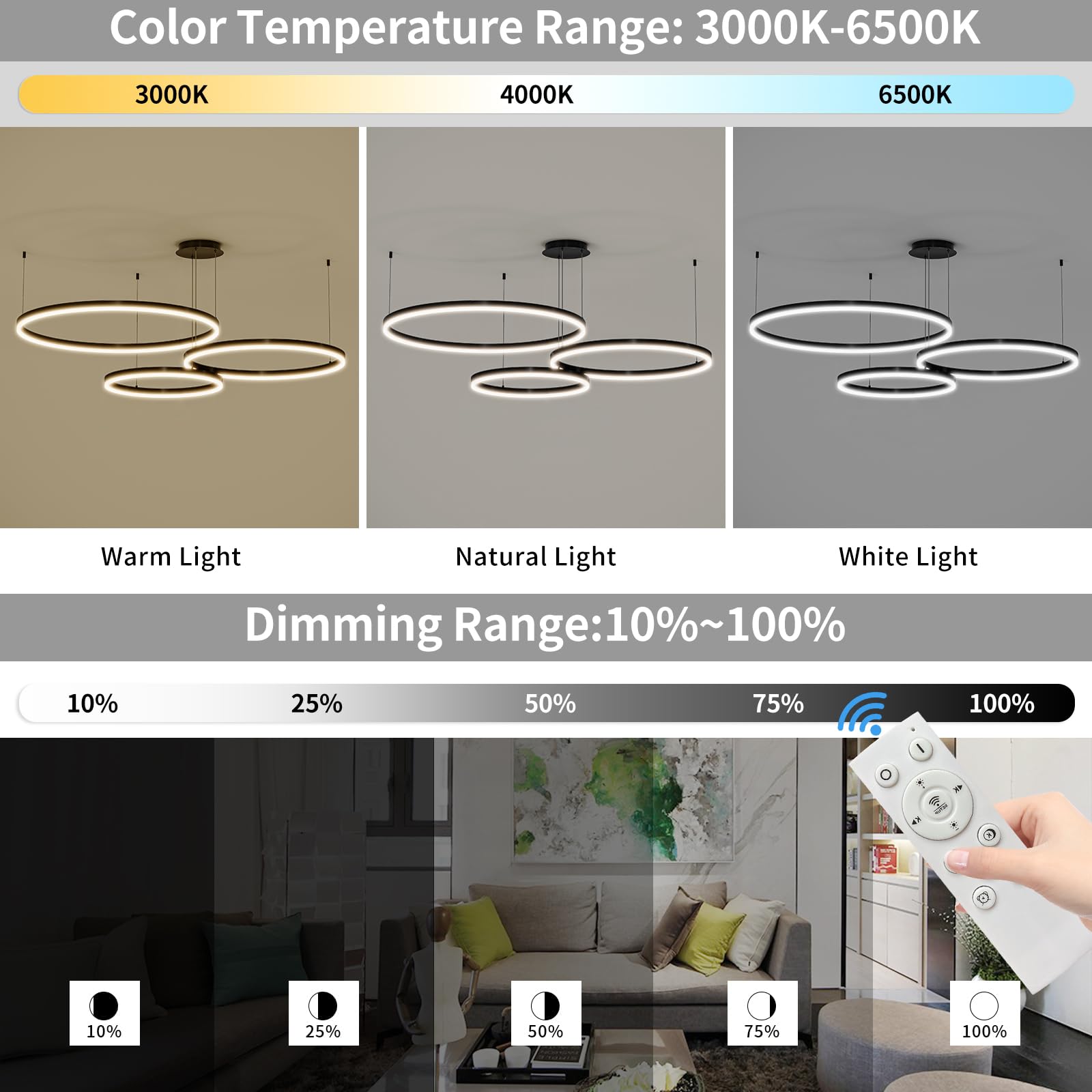 Mikeru Modern LED Chandelier Light, 3000K-6500K Adjustable, Aluminum, 15.7*23.6*31.5IN, A-Black, Model