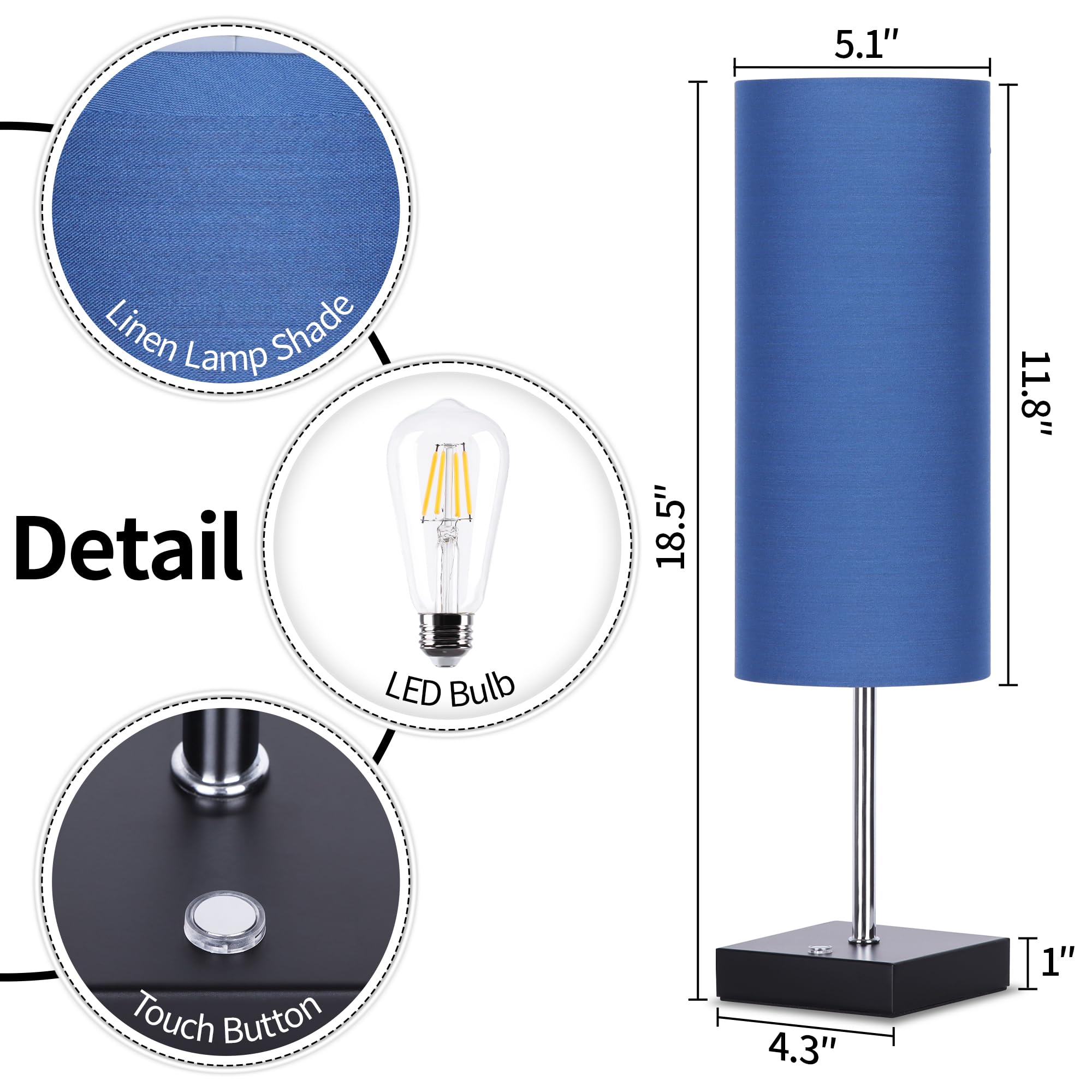 AVV Cordless Table Lamp, 18 Inch, Blue, 5000mAh Battery Operated, Touch Control, Rechargeable for Bedroom and Living Room, Model RD-BTL4W-004