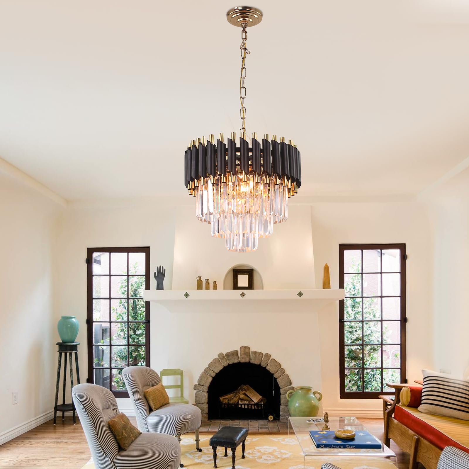 Frixchur 16&quot; Modern Crystal Chandelier - 3-Tier Black & Gold Raindrop Flush Mount Light Fixture