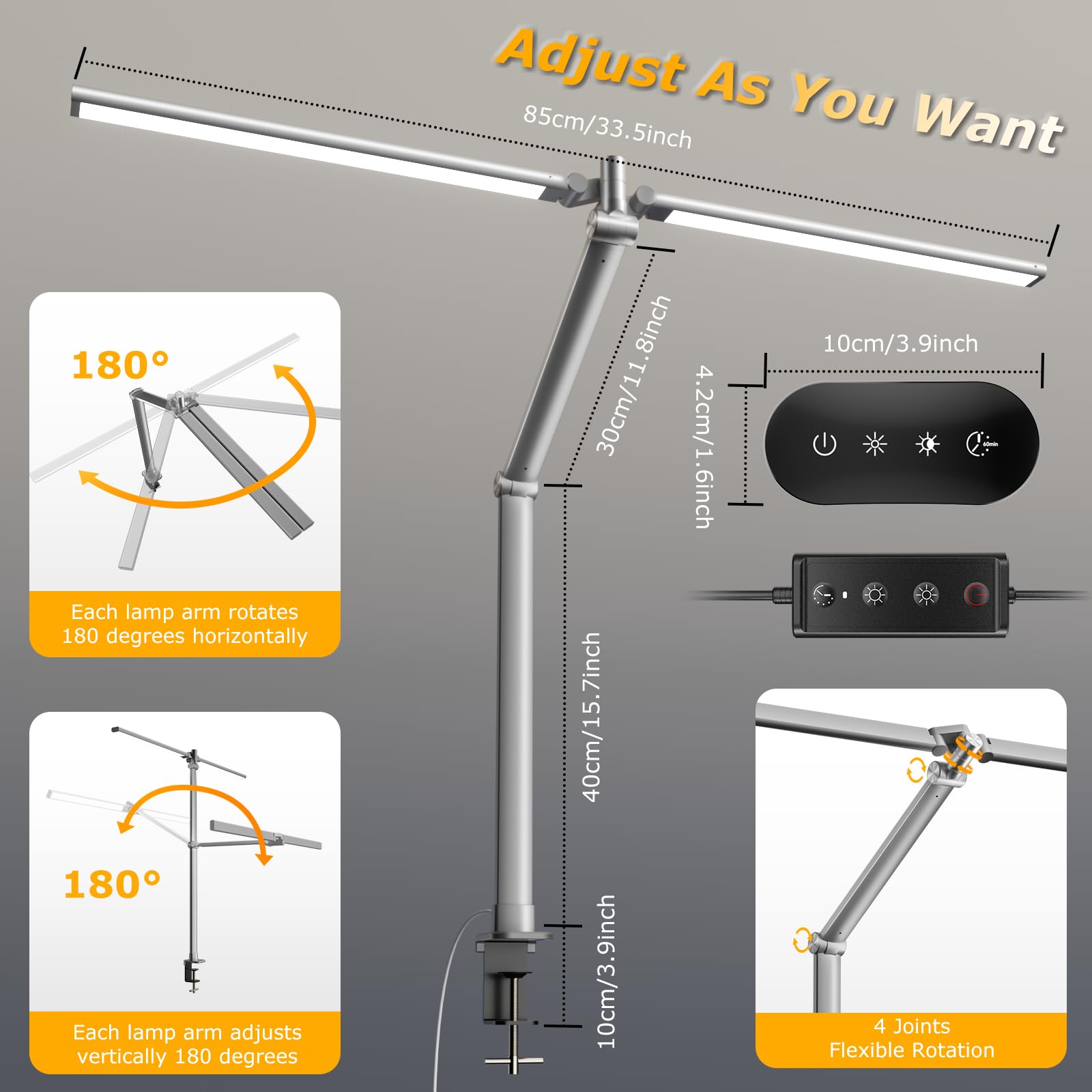JELIMOV LED Desk Lamp, Eye Caring Architect Light with Remote, Stepless Dimming, Gray, Model L80C