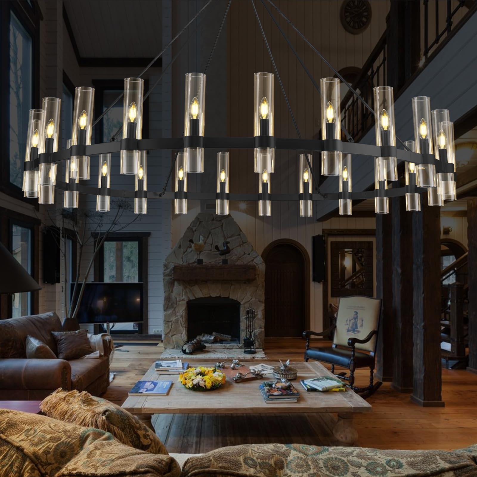 70 Inch Black Wagon Wheel Chandelier  Modern Chandelier with Glass Shade  24-Light Large Chandelier for High Ceiling  Farmhouse Chandeliers for Living Room  Dining Room and Entryway(24 Bulbs Included)