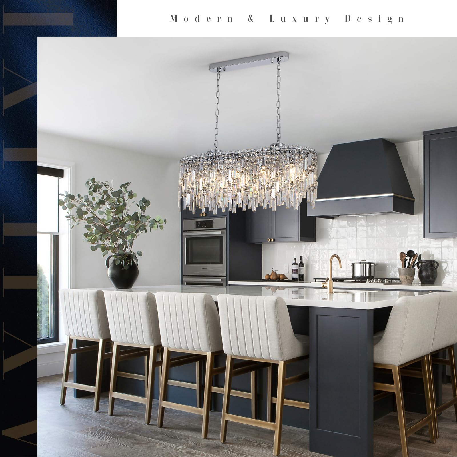 A AXILIXI Rectangular Crystal Chandelier, Modern Chrome Pendant Light, 33” L, Linear Design for Dining Room & Kitchen Island