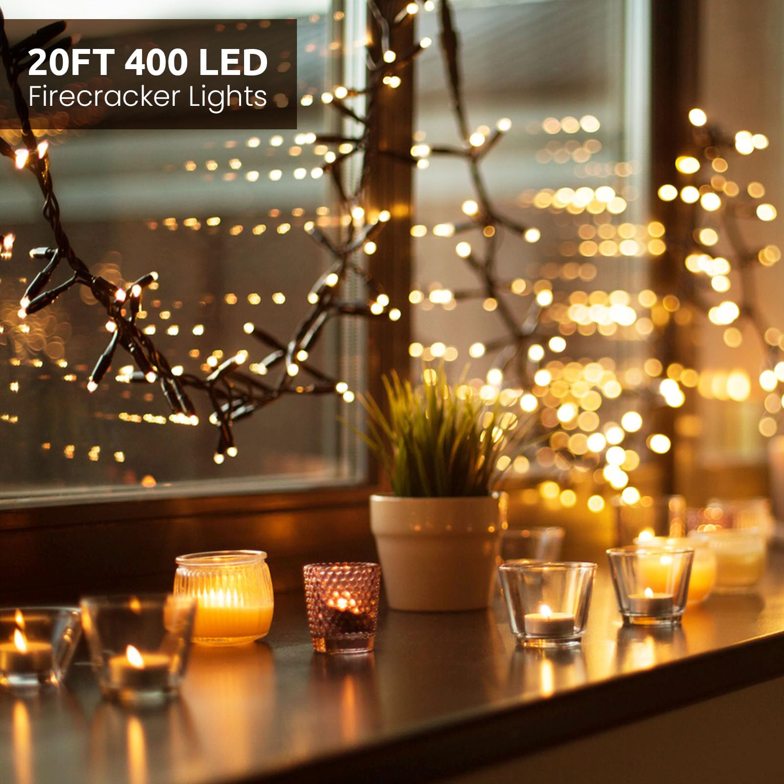 Lycklig 400 LED Cluster Fairy Lights, Warm White, 49FT, 8 Modes, Timer, Plug-In, Ideal for Bedroom and Outdoor Decorations