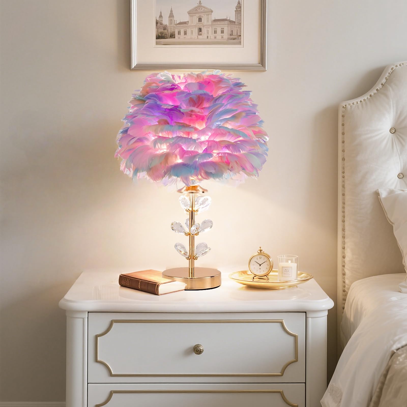 ZYLEISENBAO Colorful Feather Lamp Romantic Bedside Nightstand Lamp Creative FfluffyTable Lamp Modern Furry Desk Light for Prince