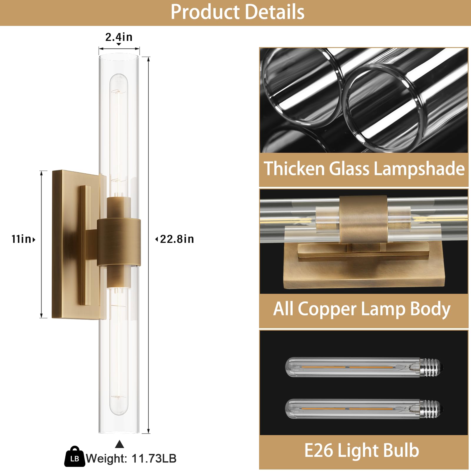 Yuexpand Gold Wall Sconces Set Of Two  Brass 22.8 Sconces Wall Lighting Bathroom Vanity Lights With Clear Glass Shade For Mirror  Living Room  Bedroom  Hallway  Fireplace  Staircase(Including Bulb)