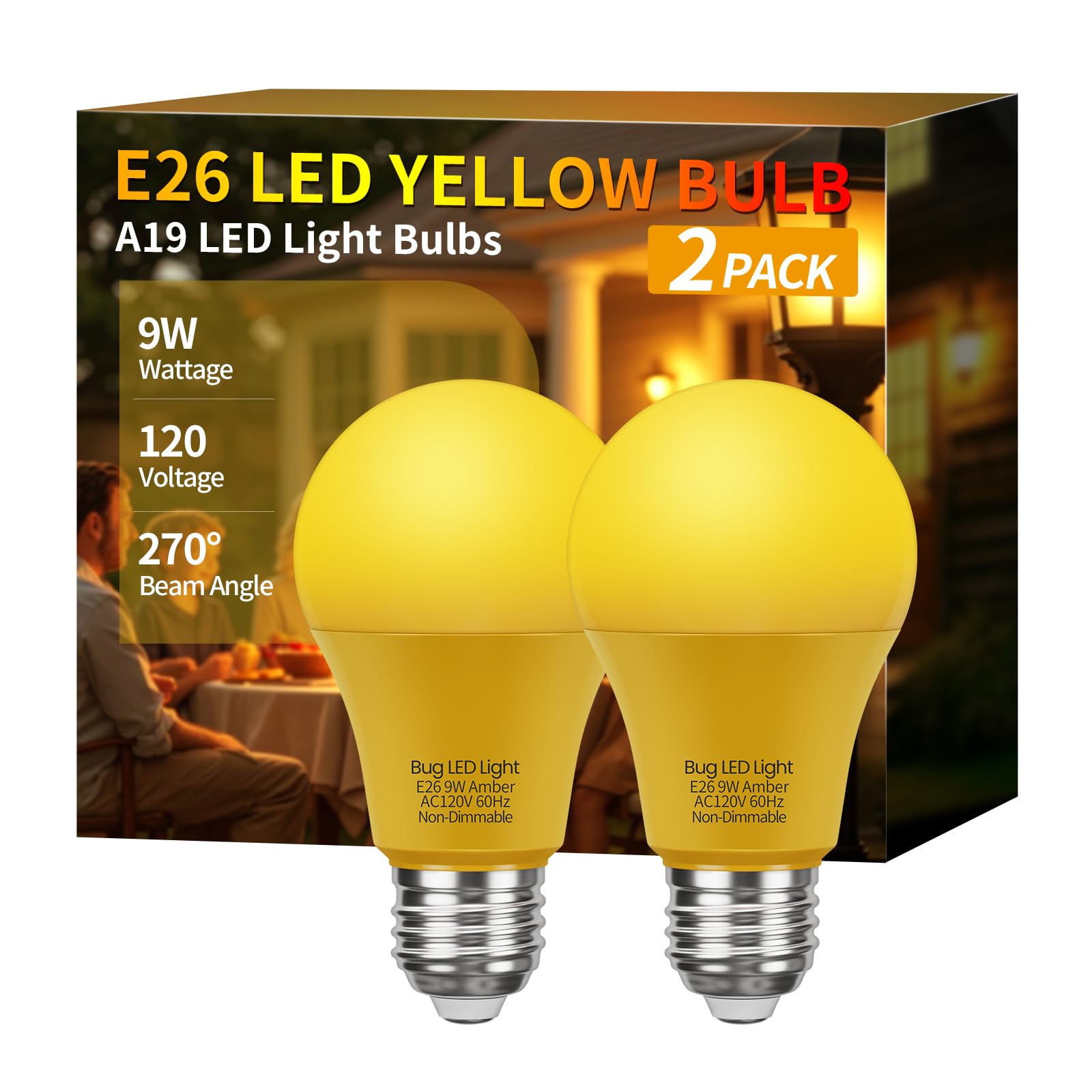 Roche Jaune Bug Light Bulbs, Yellow Bug Lights For Outside, A19 9W Equivalent 60W, 2000K Amber Porch Light Bulb, E26 Base, Not-D