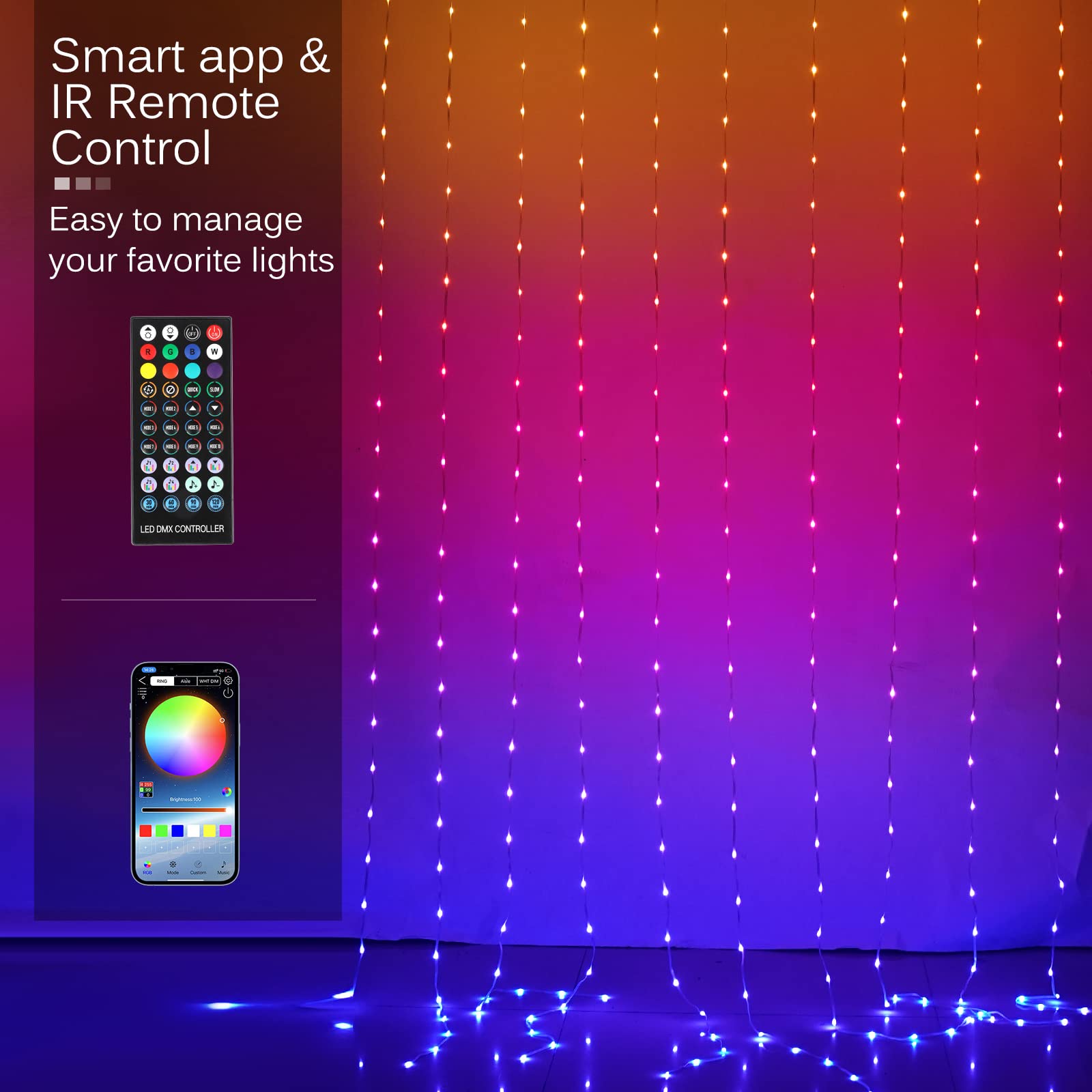 KepStars LED Curtain Lights, 300 LED RGB Color Changing String Fairy Lights, 10ft x 10ft, Smart APP Control, Indoor Outdoor Decor