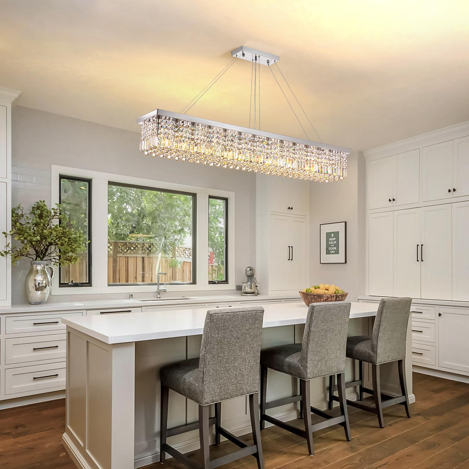 7Pm Rectangle K9 Crystal Chandelier Modern Rectangular Pendant Light Fixture For Dining Room Kitchen Island Chrome L59'' X W10''