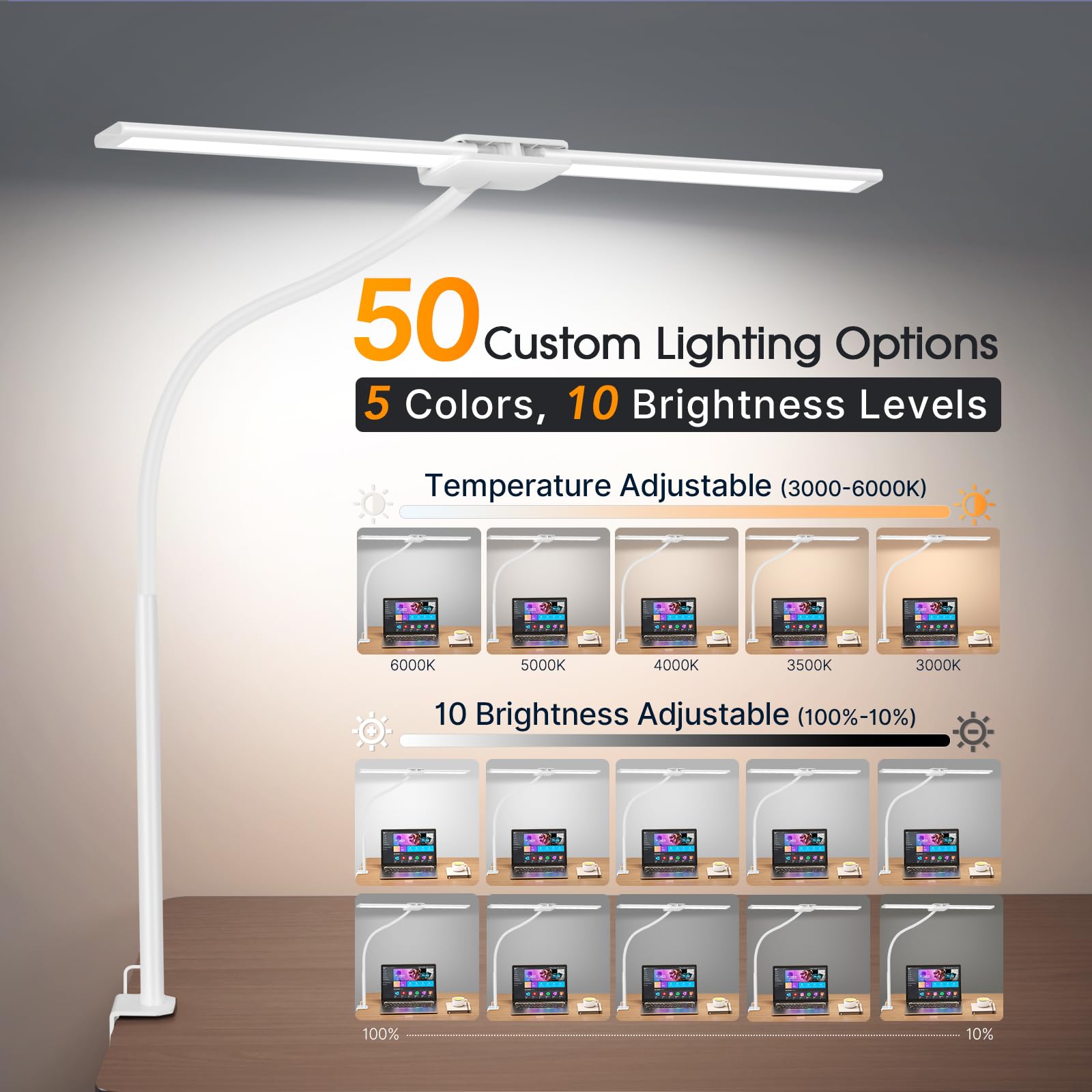 Syrinx LED Desk Lamp with Clamp, Eye-Caring Gooseneck Desk Lamps for Home Office with Remote Control & Touch Control, 12W Modern