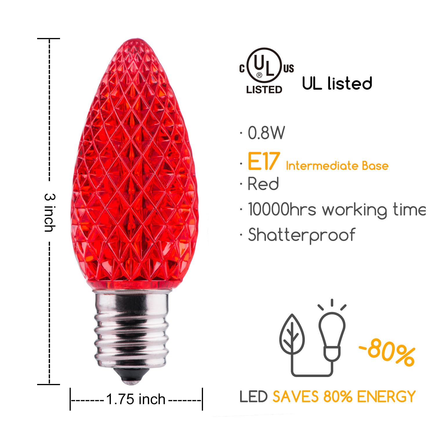 Minetom C9 LED Christmas Light Bulb, 50 Pack, Shatterproof, Dimmable, E17 Base, Red & Pure White