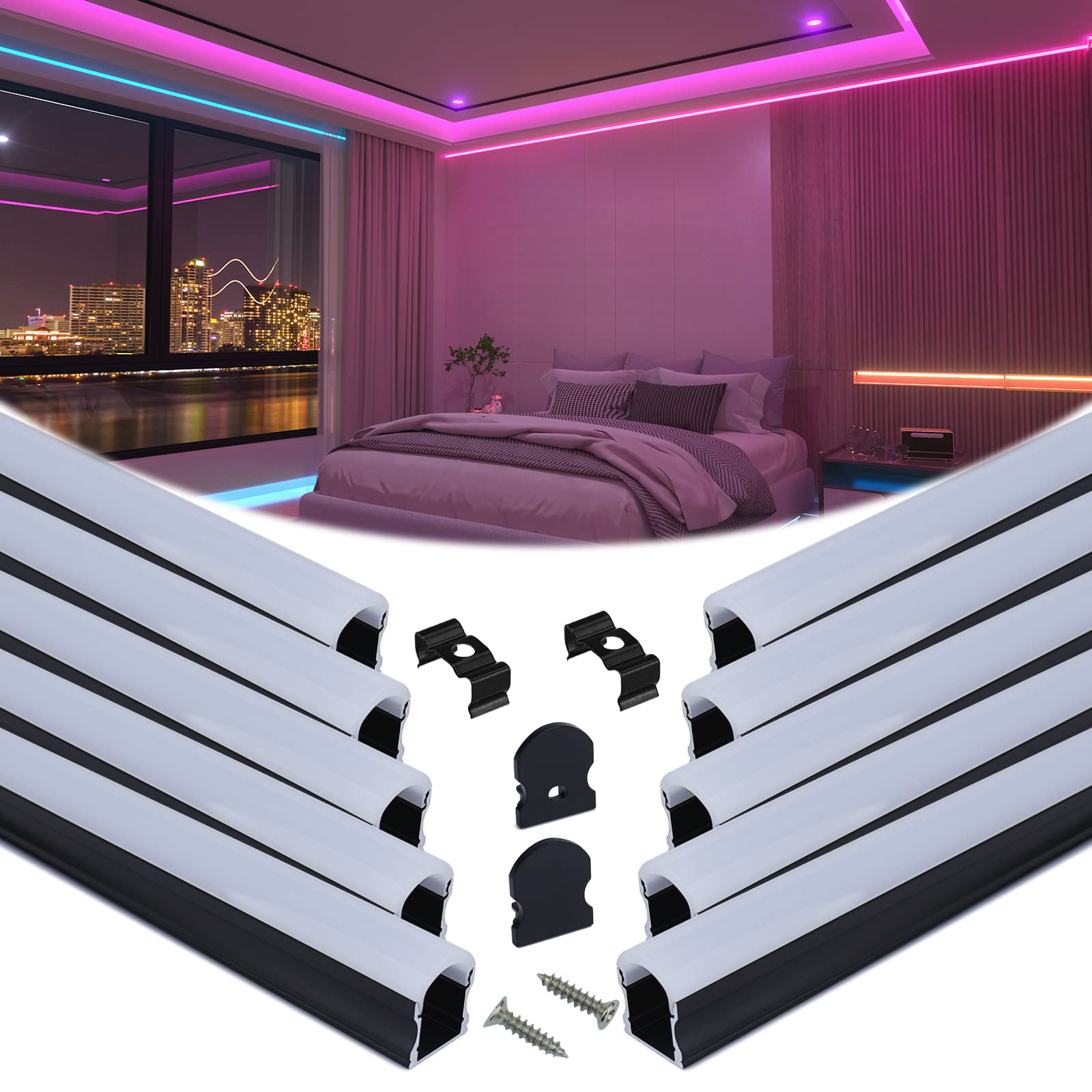 Muzata 10Pack 6.6FT/2M Excellent Spotless LED Channel System with Milky White Cover Black Aluminum U Shape LED Strip Diffuser Ch