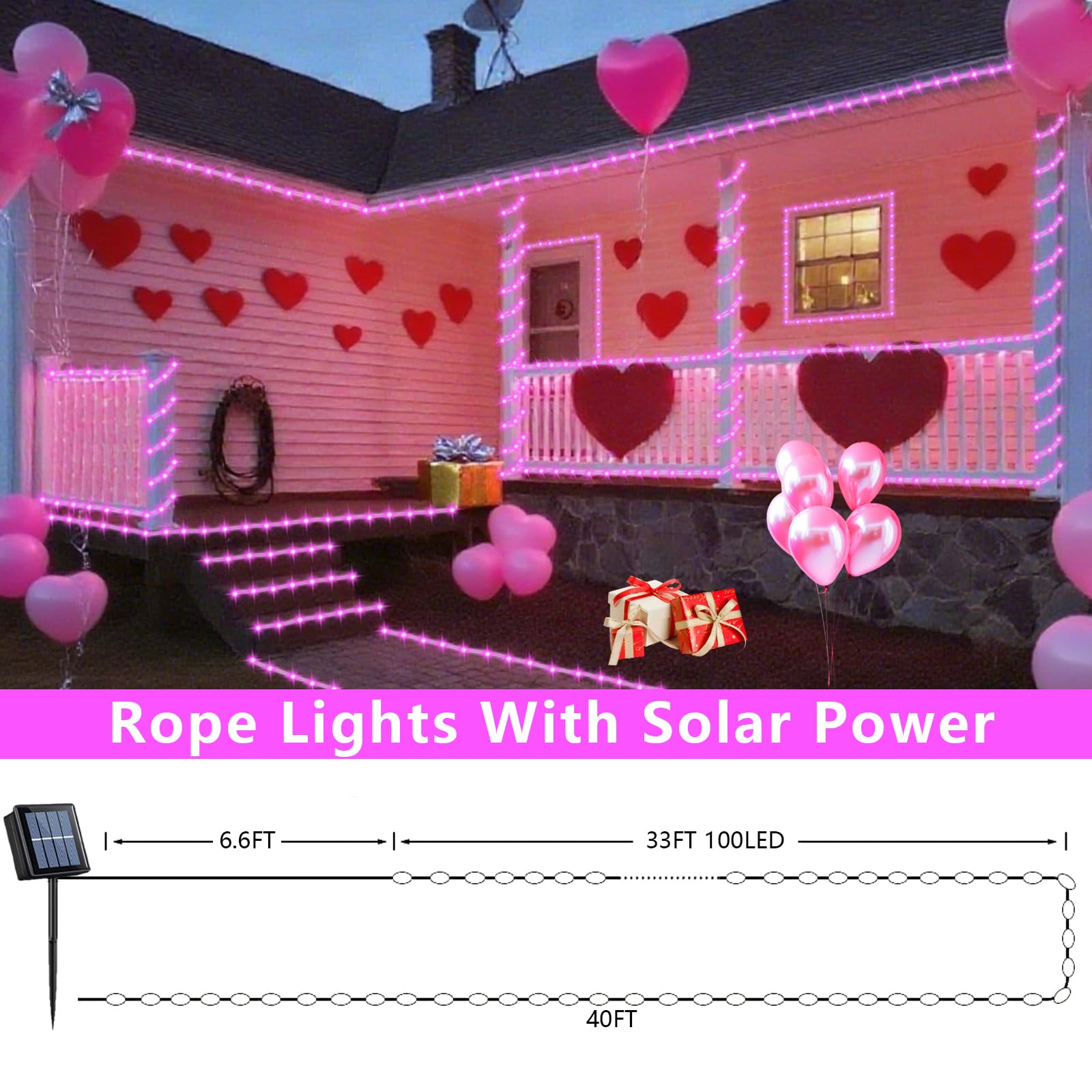 Qitong Pink Solar Rope Lights Outdoor Waterproof, 2 Pack Each 33Ft 100 Led Christmas String Lights, Fairy Lights In Clear Thin T