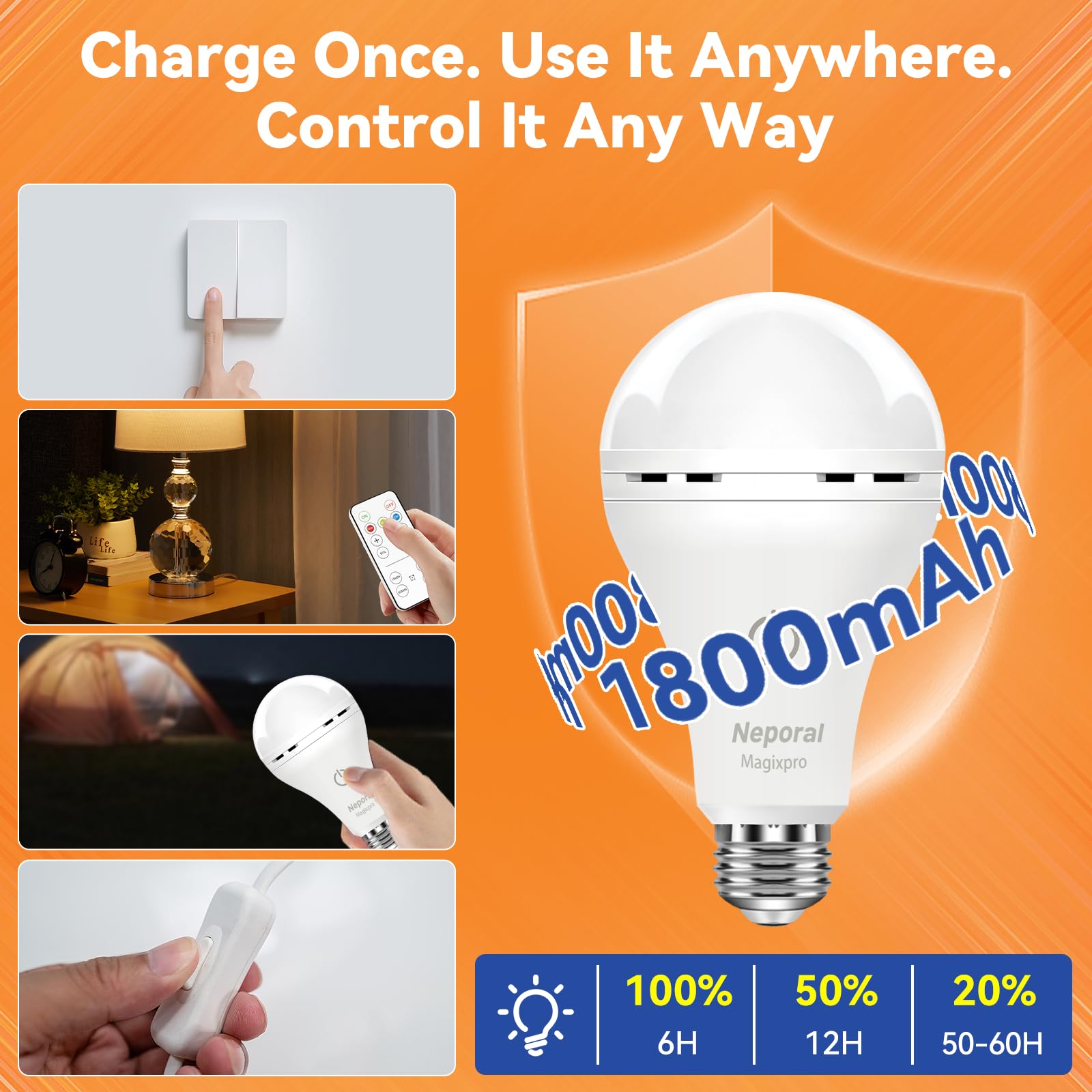 Neporal MagixPro Remote Dimmable LED Bulbs, 1800mAh Battery, USB & Socket Charging, 3000-6000k, 4 Pack, Model QP-