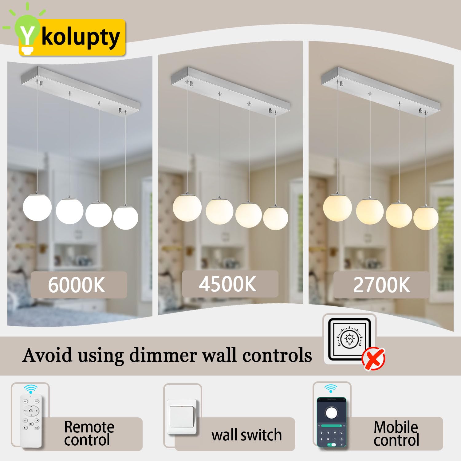 ykolupty Modern Kitchen Island Lighting - 4-Light Glass Globe Pendant Chandelier for Dining Room, Silver, Model TP3016-RB-4Y-CT
