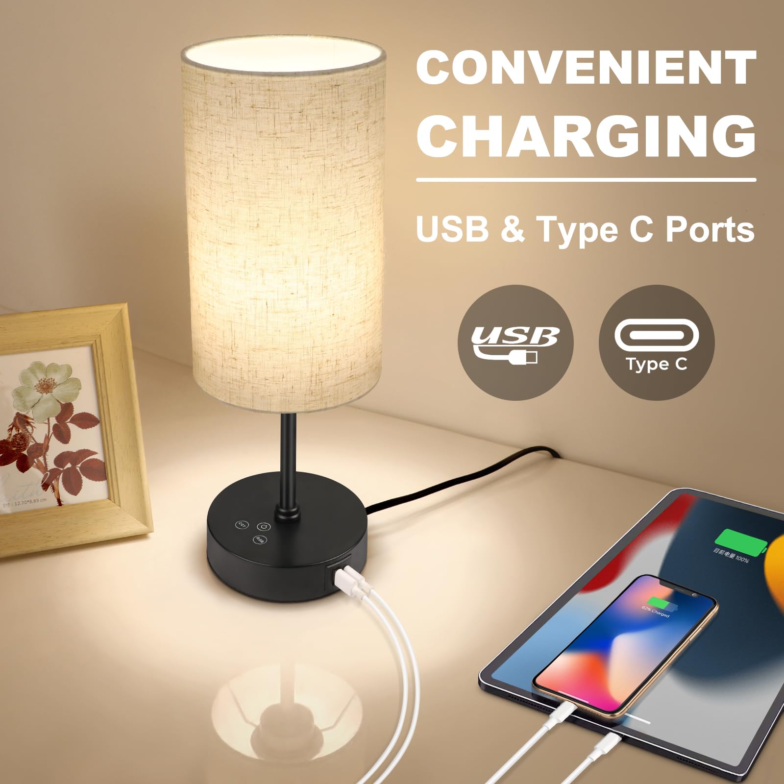 Unicozin Table Lamp - 3 CCT Color Changing & RGB, Stepless Dimmable, Beige Shade, Small Bedside Light for Reading & Ambience