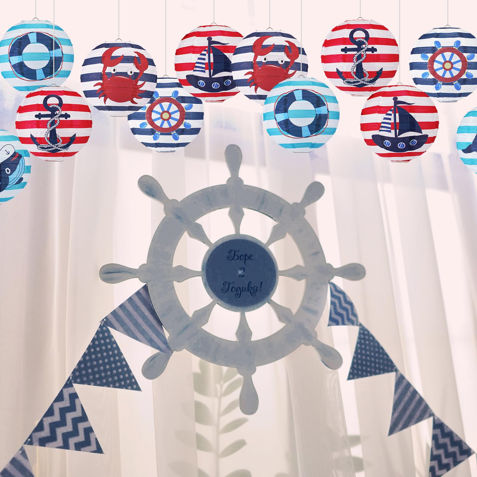 Panelee 12 Pcs Nautical Anchor Party Decorations Sailor Boat Cruise Ship Theme 8 Inches Hanging Paper Lanterns 8 Inches Round La