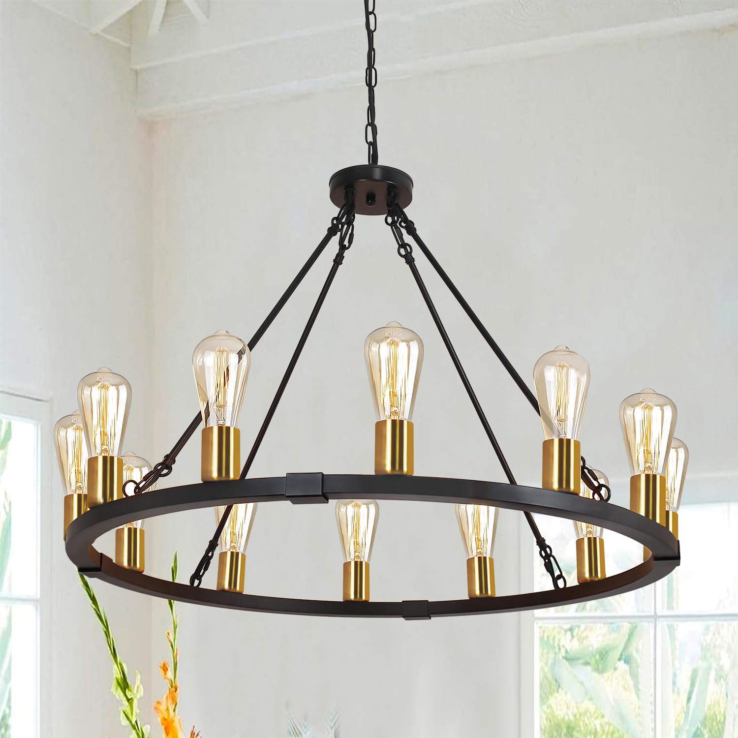 Rviezza 31.5 12 Light Wagon Wheel Chandelier Black Gold, Farmhouse Chandelier, Rustic Dining Room Light Fixture, Vintage Round P