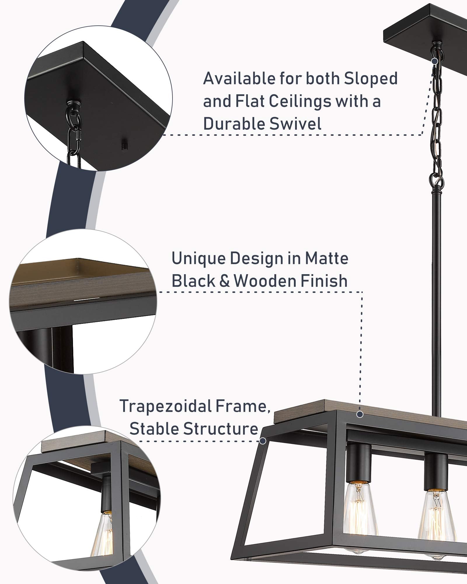 Eapudun 38-Inch 5-Light Farmhouse Kitchen Island Chandelier, Matte Black & Wood Finish