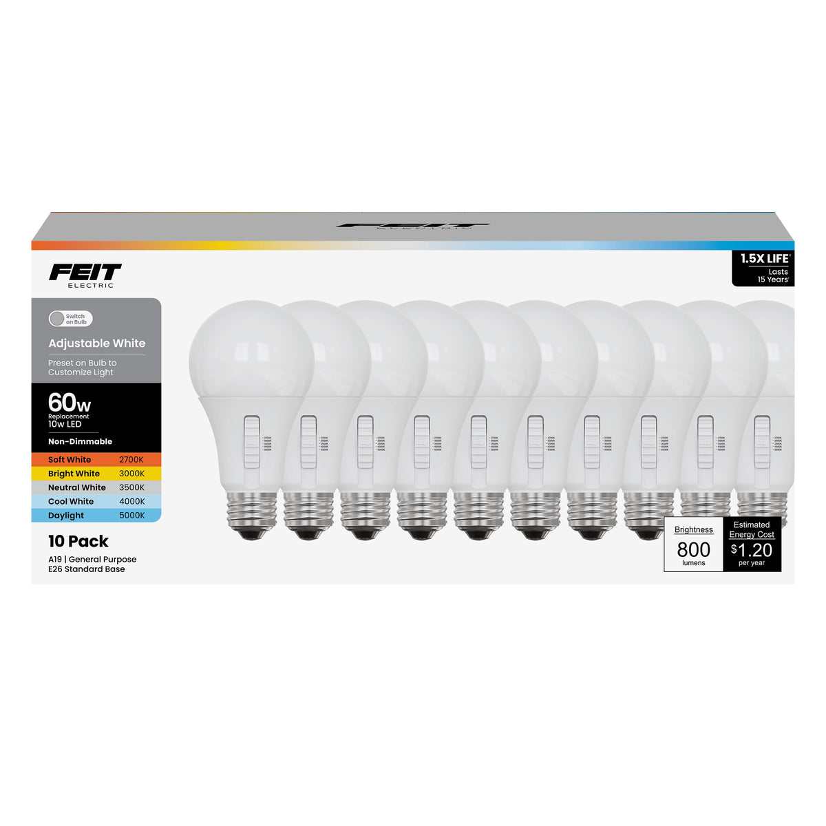 Feit Electric A19 Led Light Bulb, 60W Equiv, Non-Dimmable, Selectable Color Temperatures (2700K-5000K), 800 Lumens, General Purp