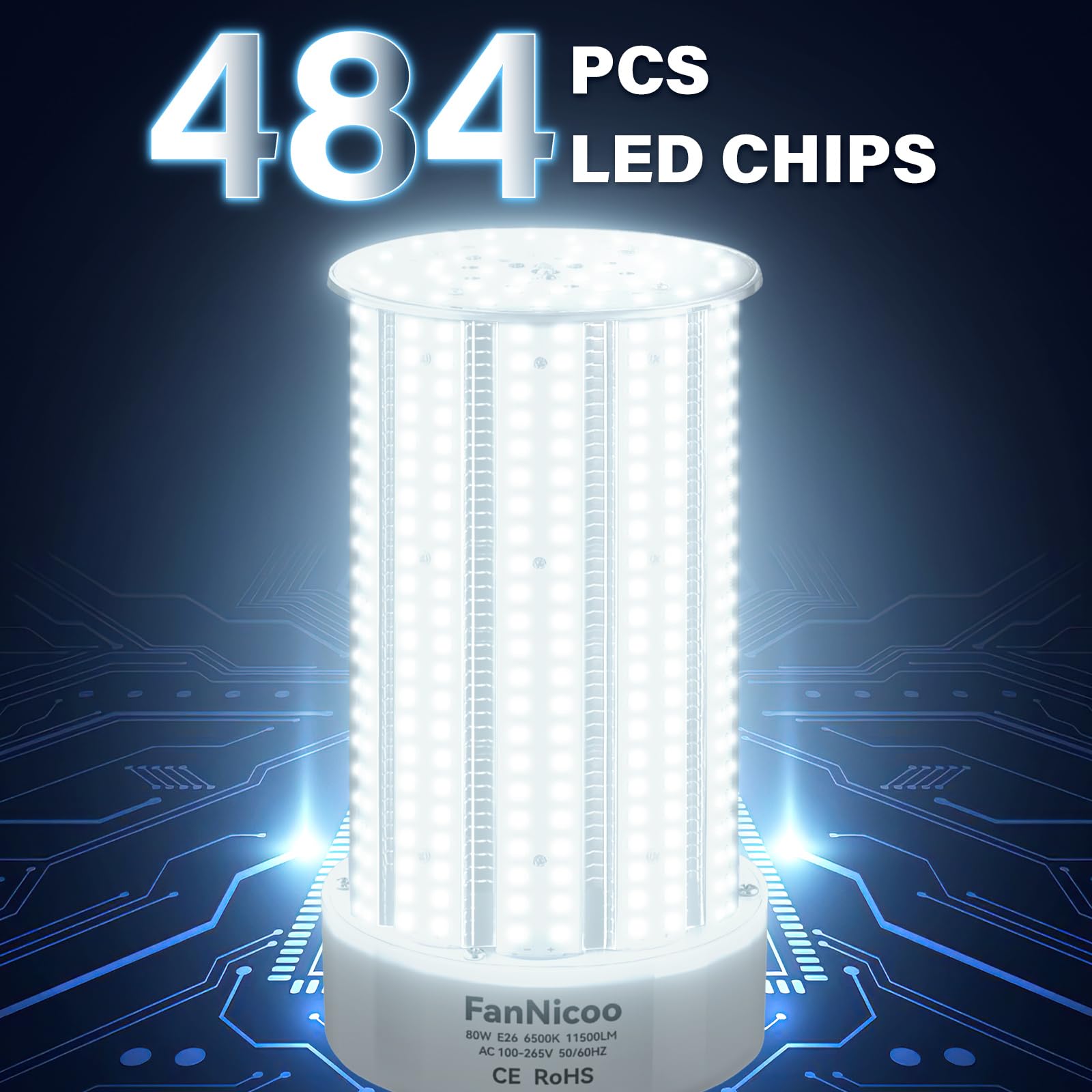 FanNicoo LED Corn Light Bulb, 2 Pack, 1000W Equivalent, 11500 Lumens, 6500K Daylight White, E26/E39 Base, Metal